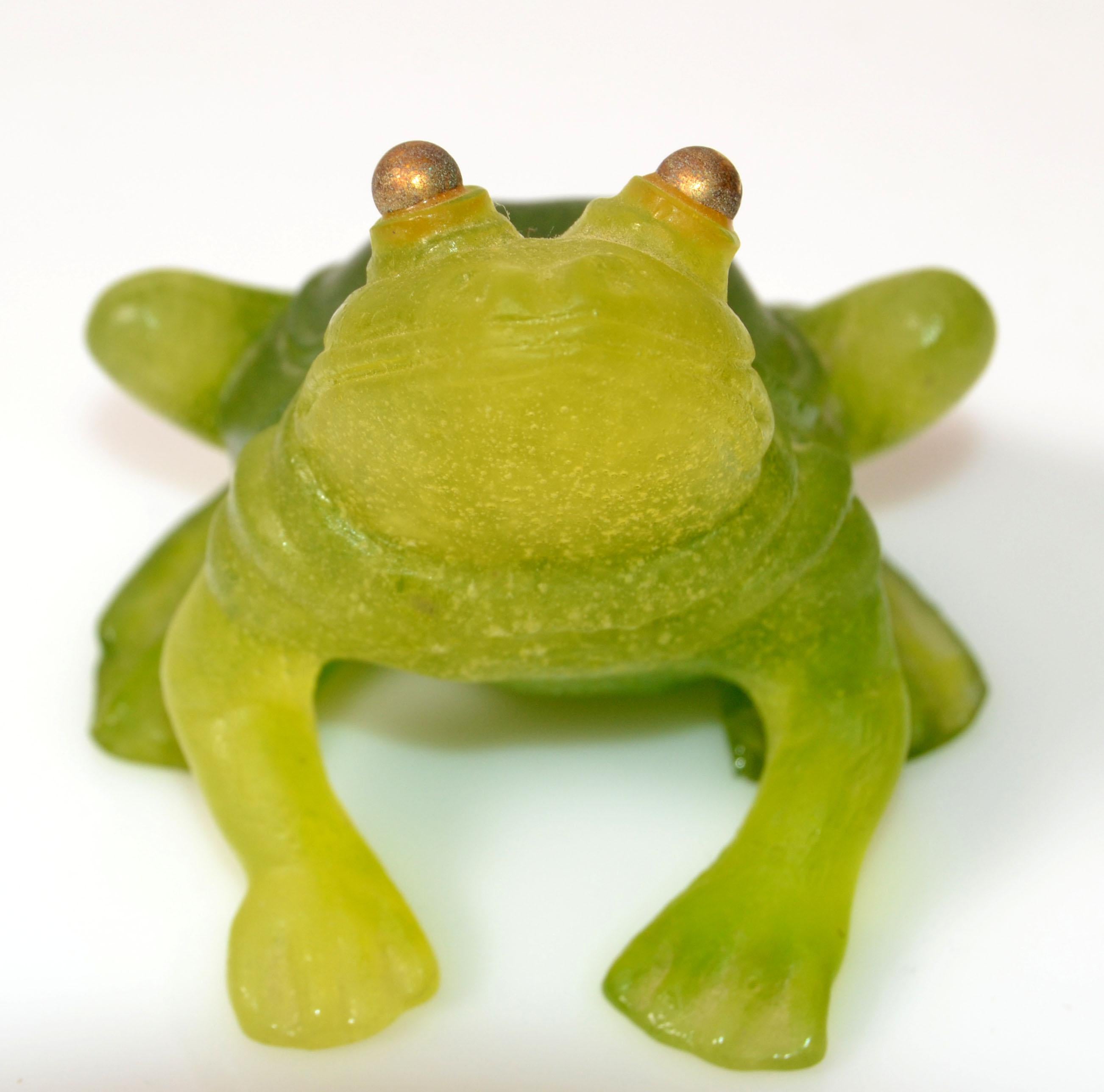 Hand-Carved Signed Daum France Pate De Verre Frog Sculpture Figurine Mid-Century Modern 1970