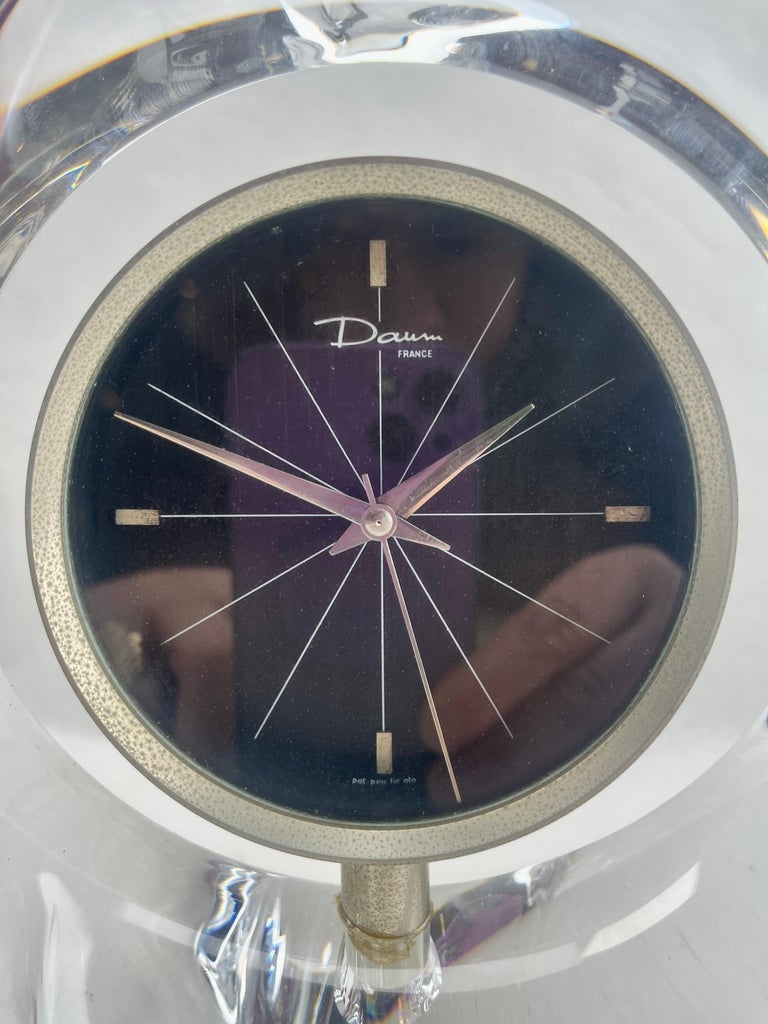 Signed Daum France Table Clock a Thick Sommerso 'Clear Crystal