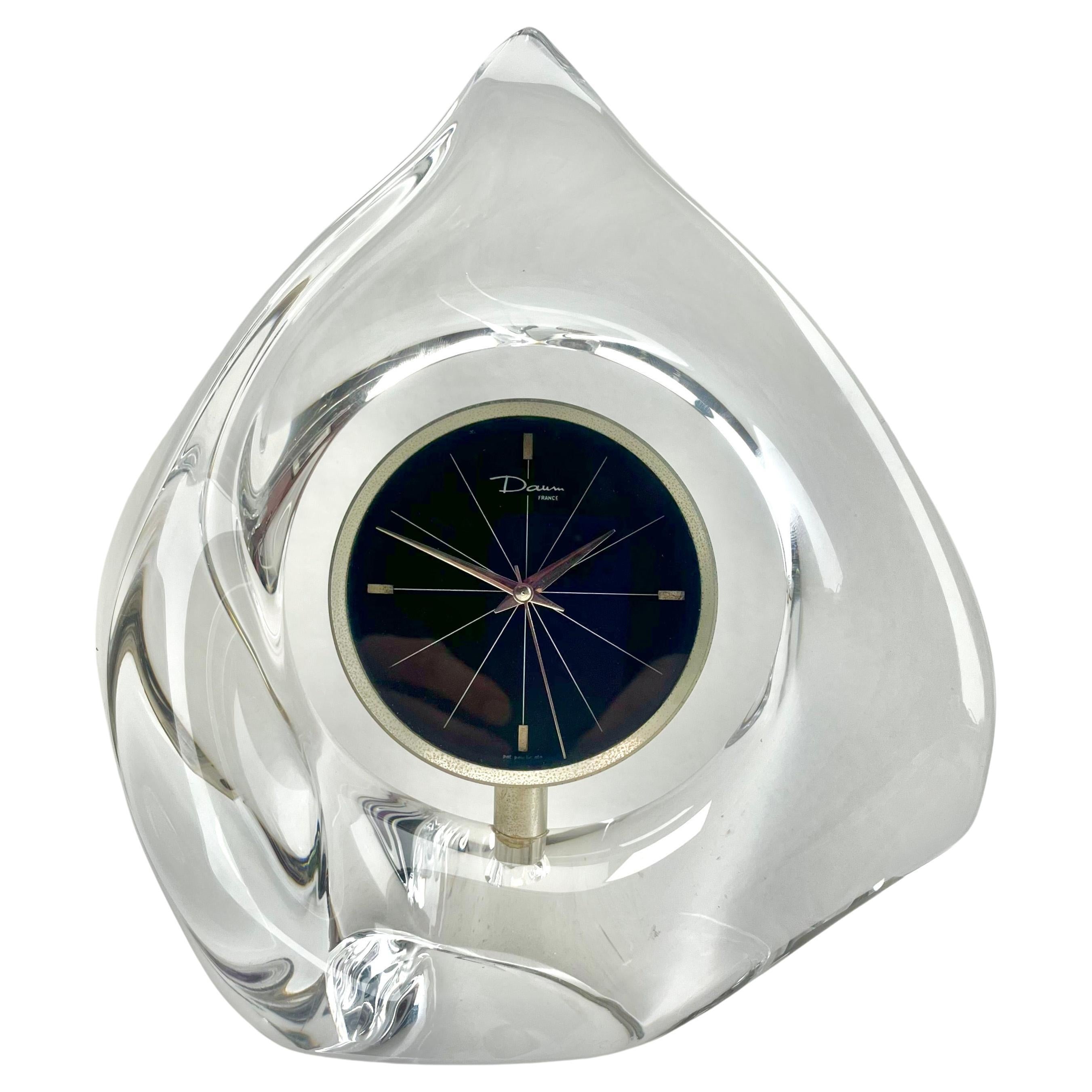 Signed Daum France Table Clock a Thick Sommerso 'Clear Crystal Casing'