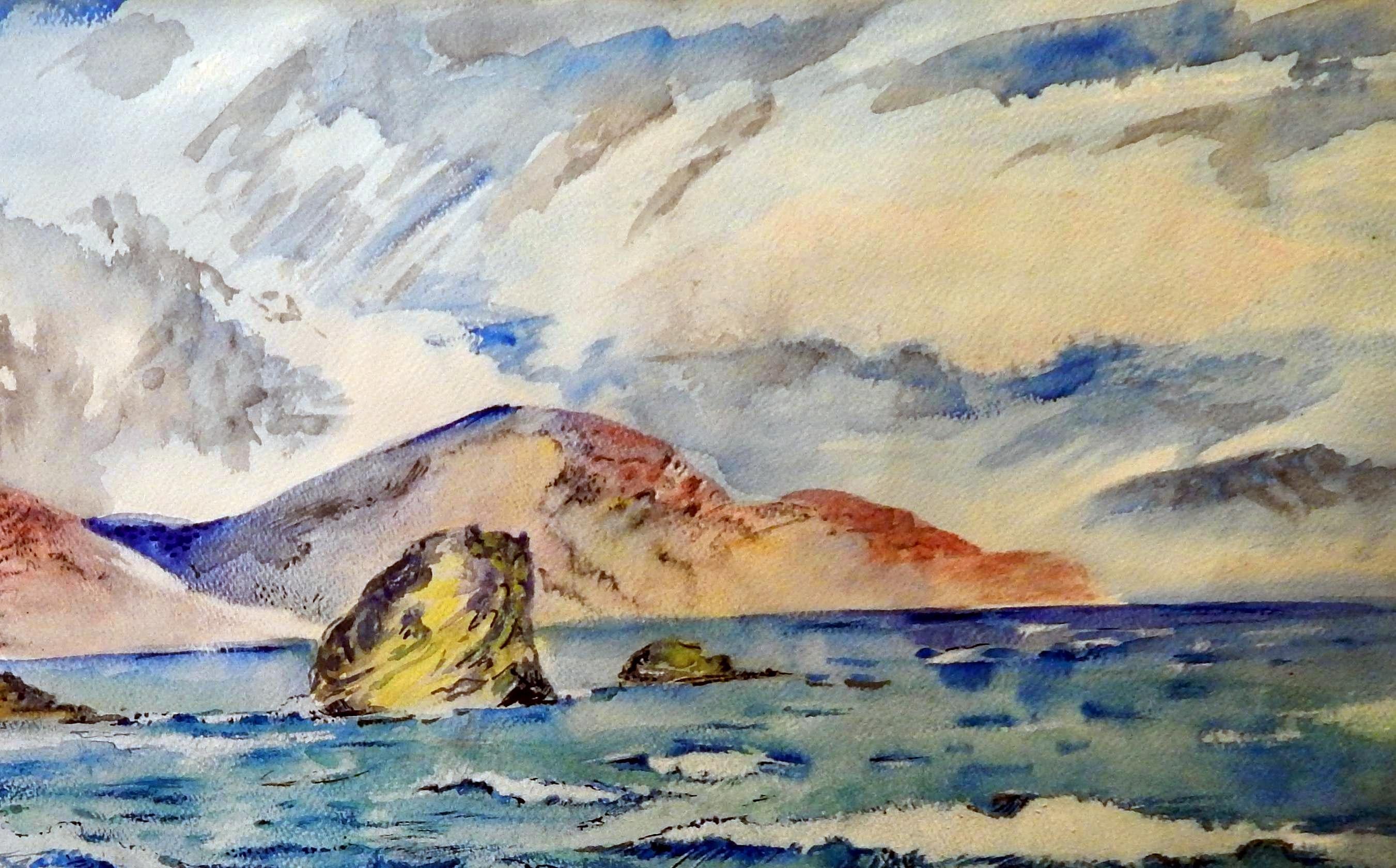 David Burliuk Signed Watercolor, 1947, Seascape In Good Condition For Sale In Phoenix, AZ