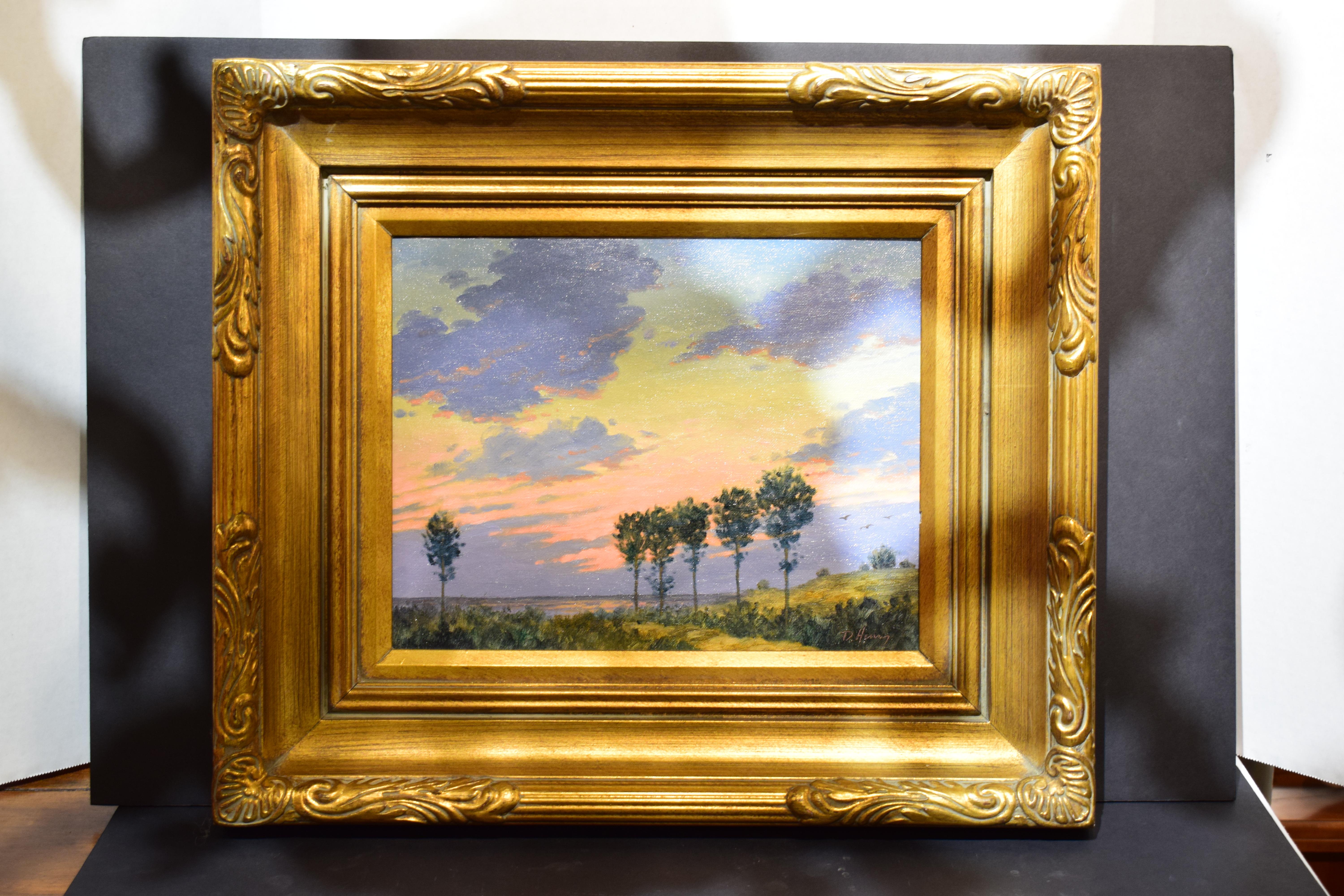 American Signed David Henry Gilt Framed Oil on Board, Landscape For Sale