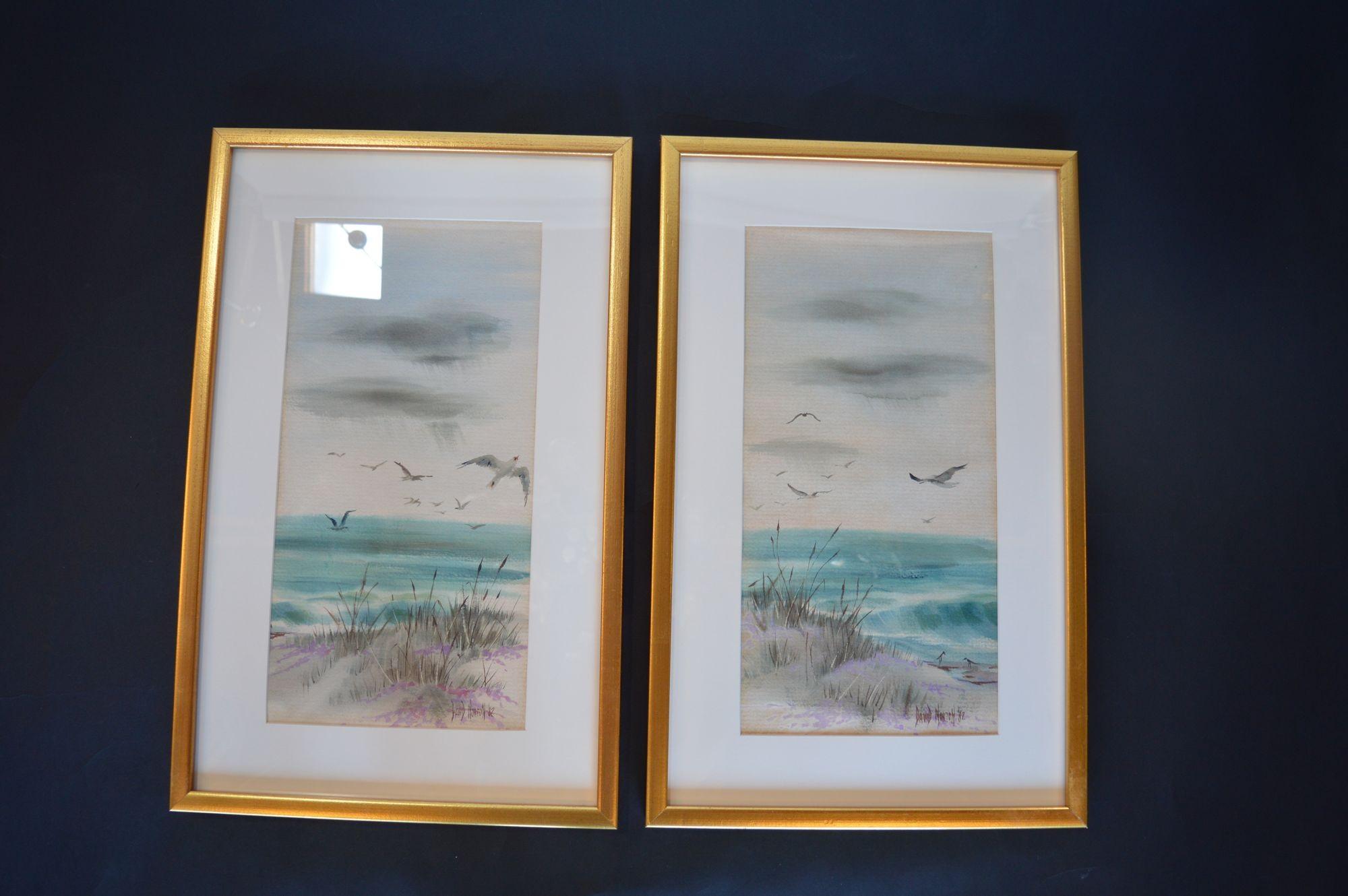 Signed David Norton Diptych watercolor painting on canvas. Dated 1982 on signature.