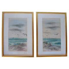 Retro Signed David Norton Diptych Watercolor Painting on Canvas