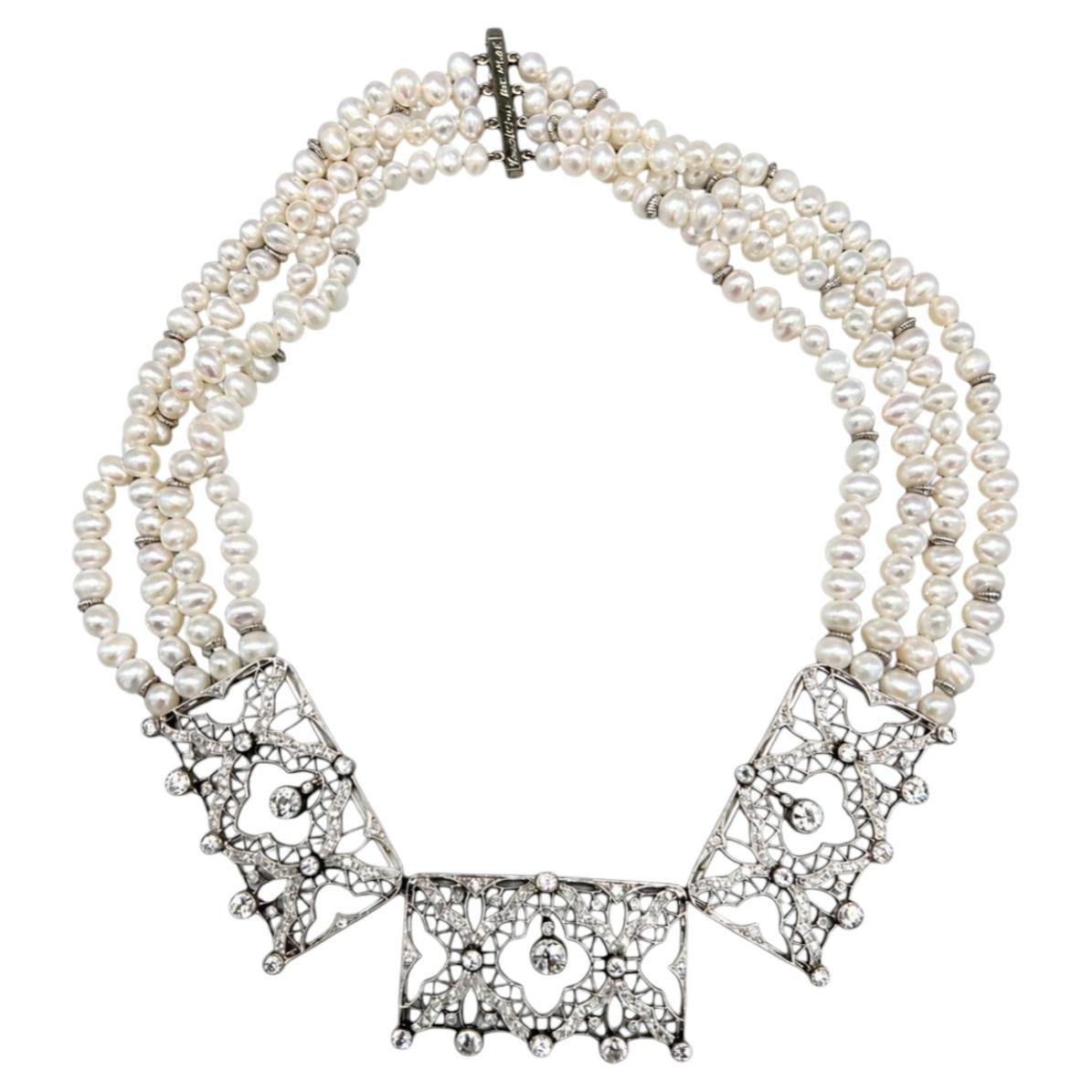 Signed David Stuur Art Deco Style 13.90 Ct. Diamond & Pearl Necklace For Sale