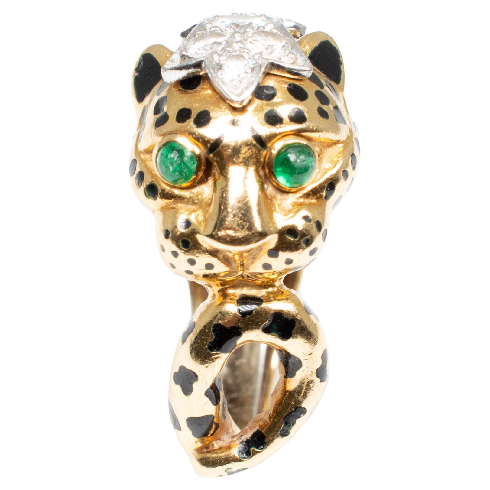 Signed David Webb Platinum 18K Yellow Gold Cheetah Diamond Cocktail Ring For Sale