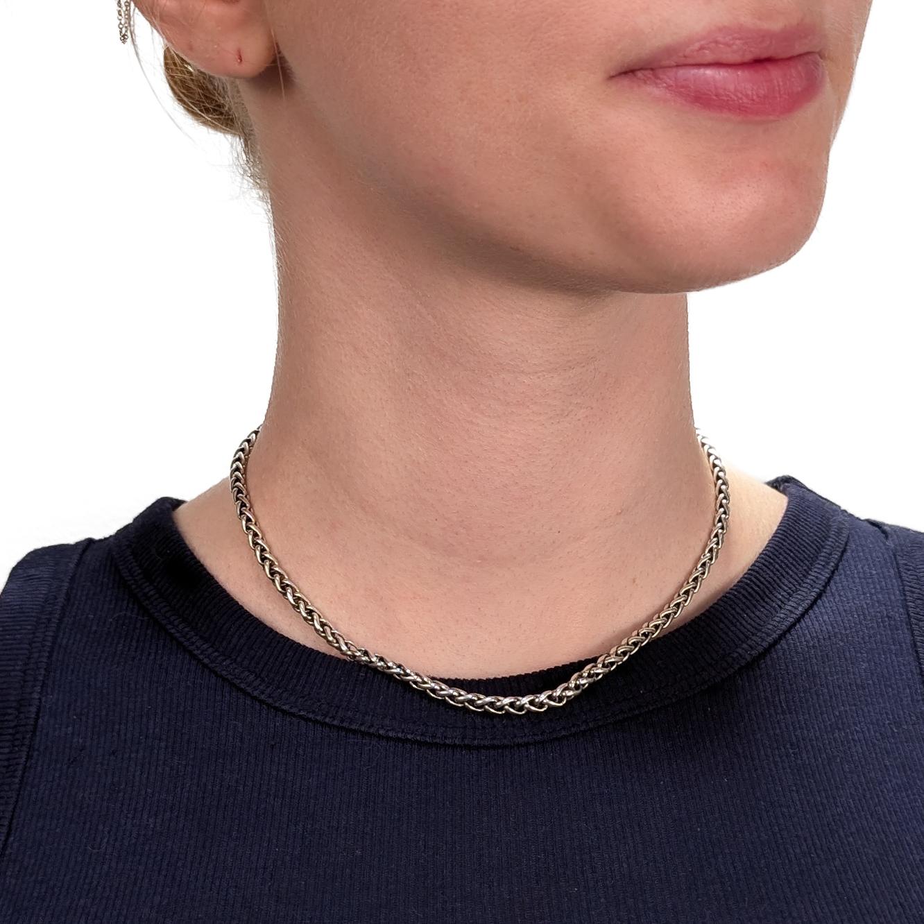 Modern Signed David Yurman Sterling Silver 4mm Wheat Chain Necklace For Sale