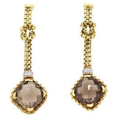 Signed David Yurman Yellow Gold Ladies Smoky Quartz & Diamond Dangle Earrings