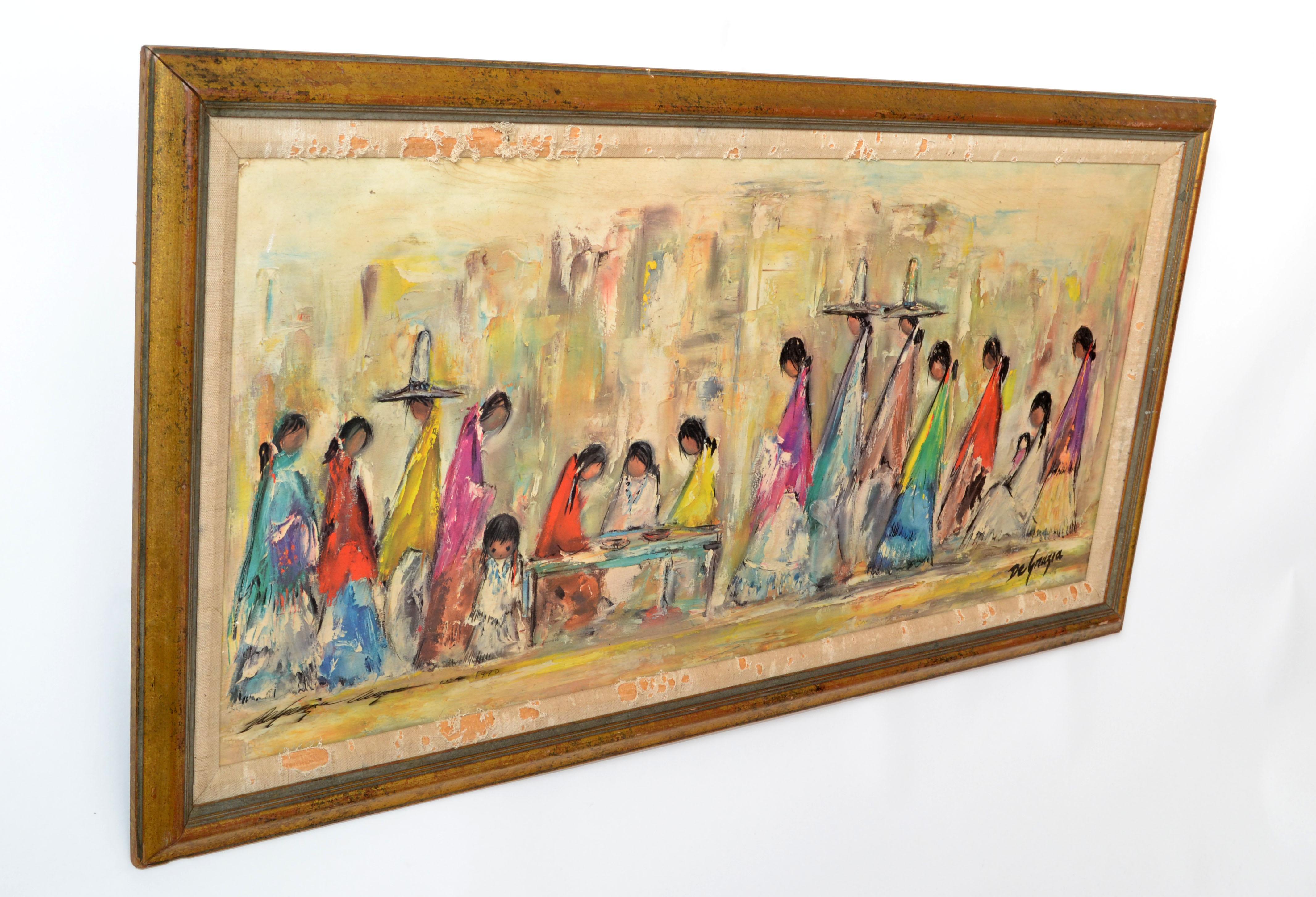 Mid-Century Modern Fine Art by American Artist Acrylic painting on Canvas, wall art. 
Signed and dated by the Artist De Grazia, made in 1970.
Comes with a golden wood frame. 
Artwork size: 13.5 x 31 inches.
The frame and the Linen Fabric has