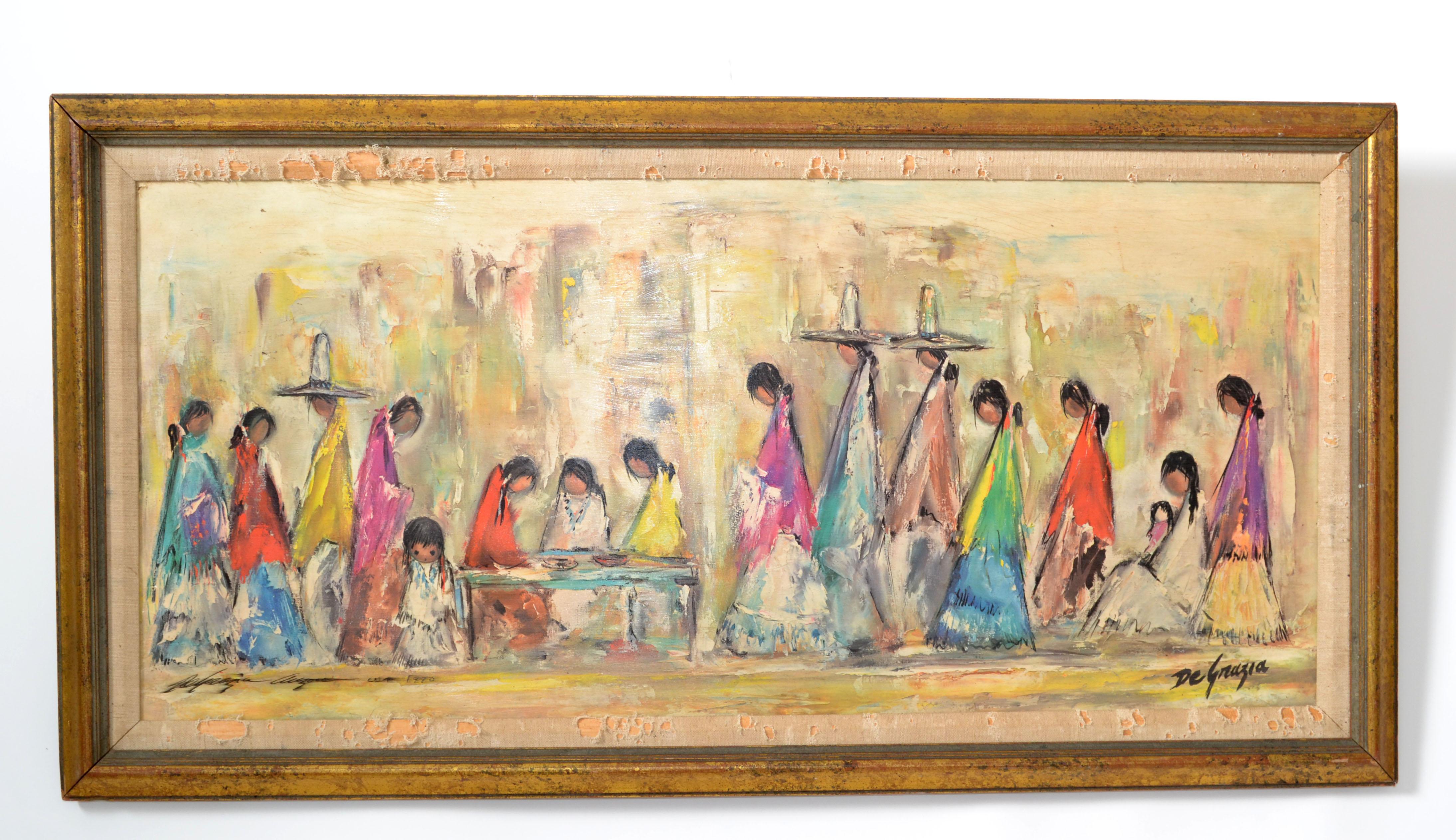 Canvas Signed De Grazia Folk Art Golden Framed American Well-Known Artist Fine Art 1970
