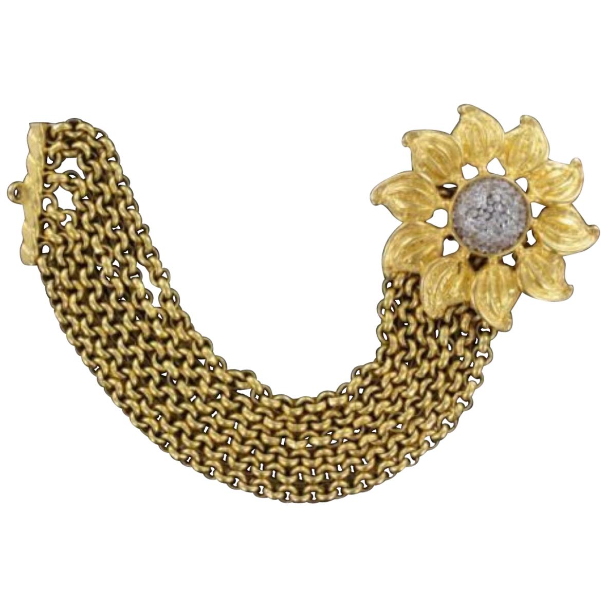 Signed Deanna Hamro Designer Vintage Sunflower Golden Multi Chain Bracelet For Sale