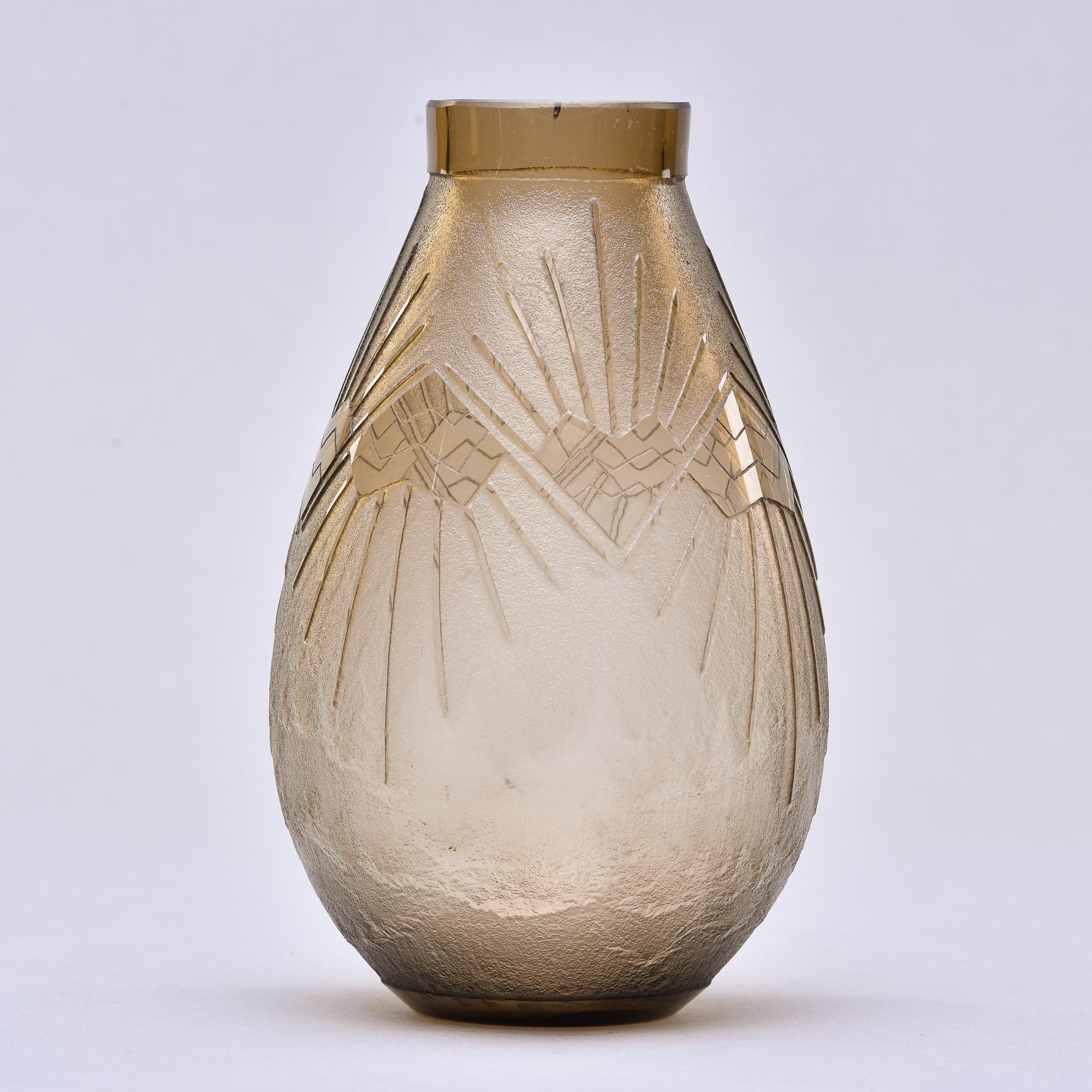 20th Century Signed Deco Era Schneider Acid Etched Taupe Color Vase