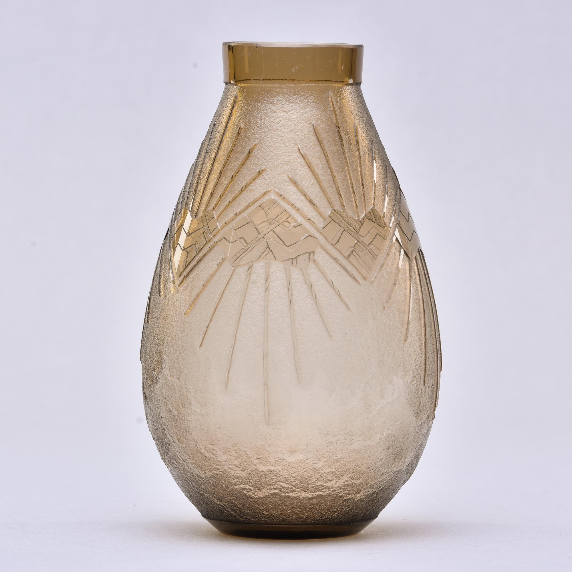 Art Glass Signed Deco Era Schneider Acid Etched Taupe Color Vase
