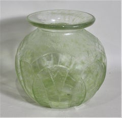 Signed Degaus Art Deco French Green Tinted and Acid Etched Art Glass Vase