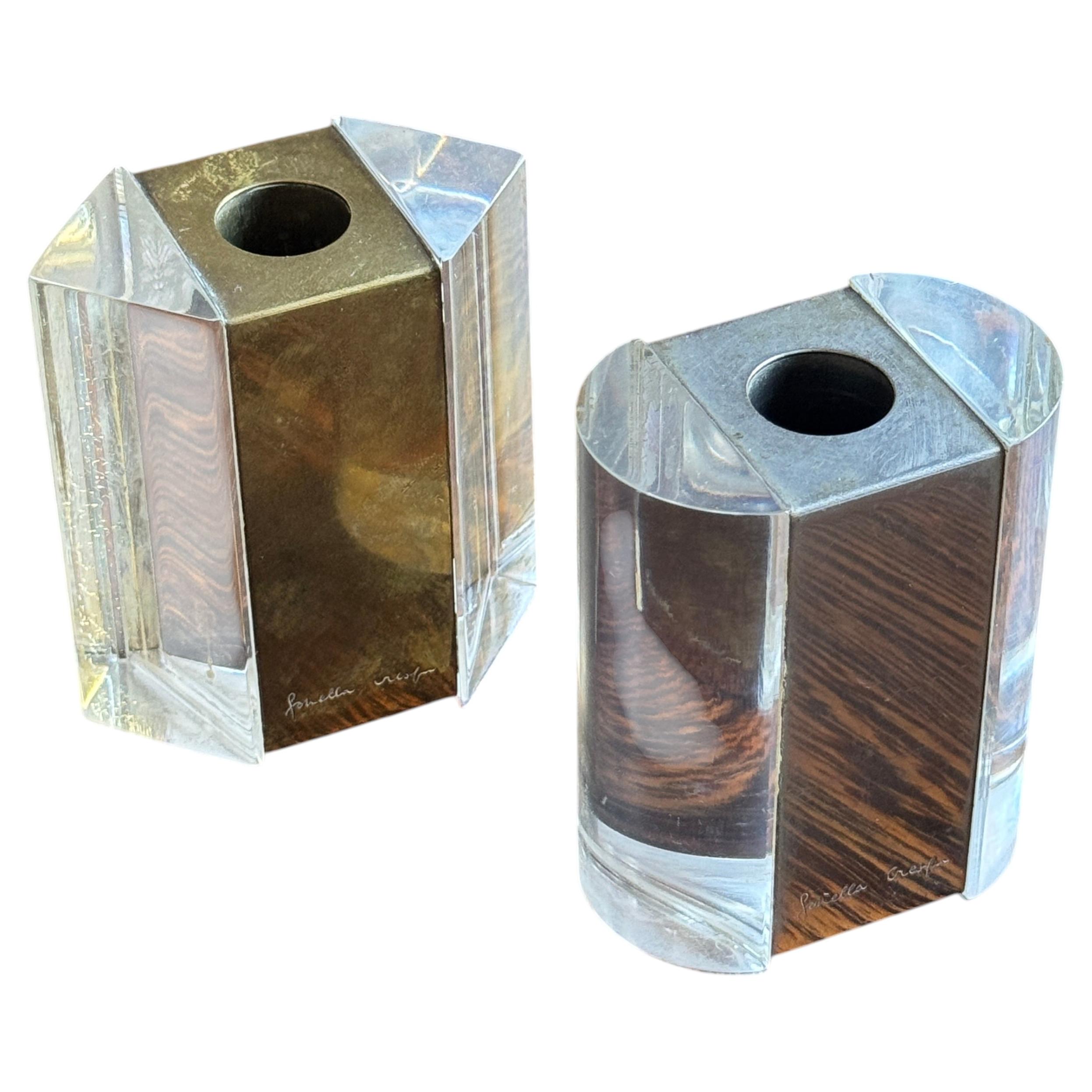 Signed Del Cambio Restaurant Plexiglas & Metal Candle Holders, Italy, c.1973