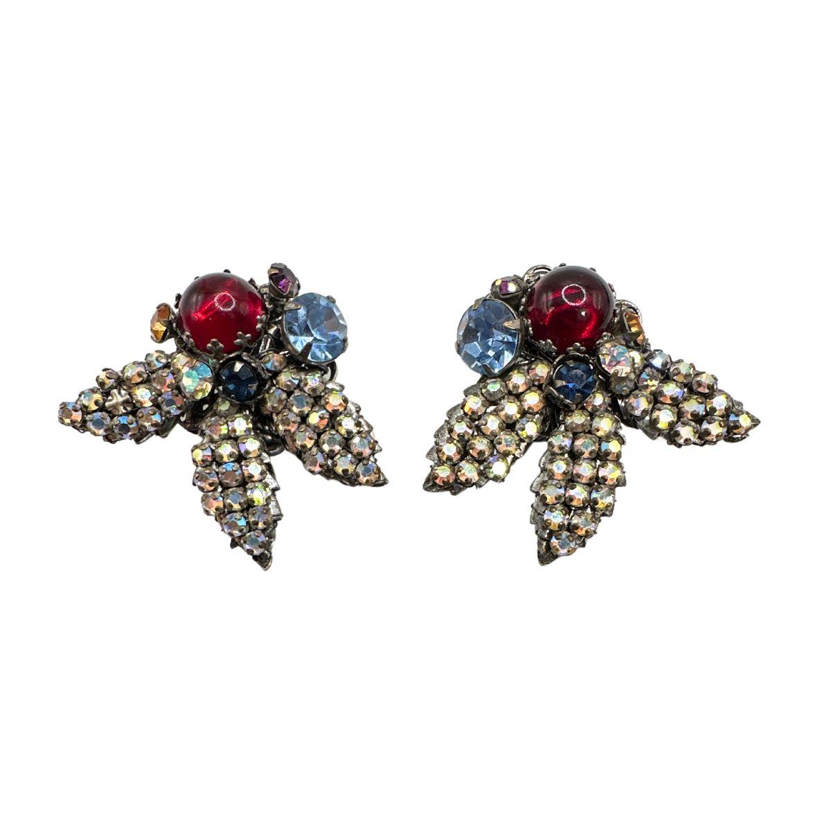  Signed  Demario Vintage Multi-Color Glass and Rhinestone Clip on Earrings  For Sale
