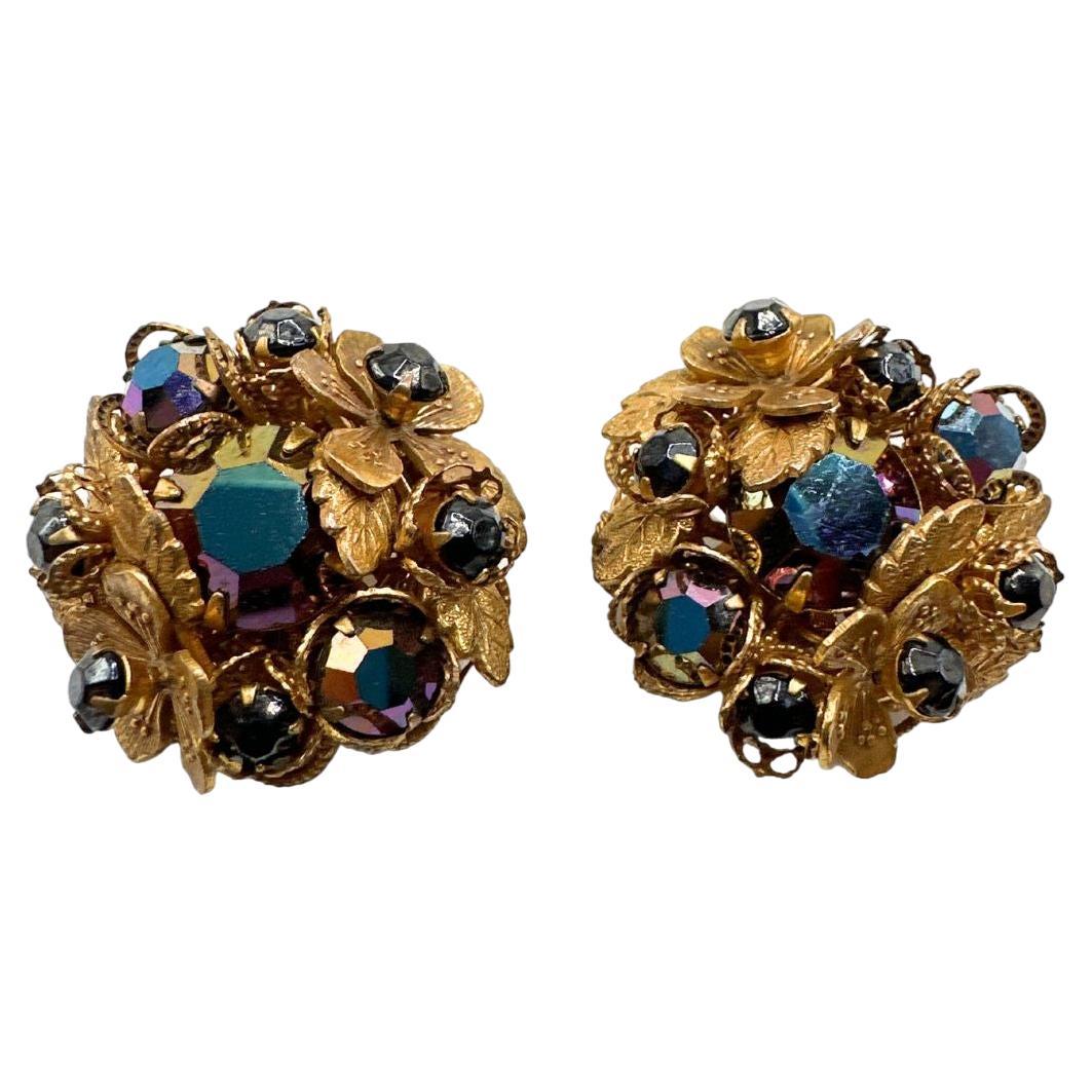 Signed DeMario's Carnival Vintage Gold Tone Floral Clip-On Earrings For Sale
