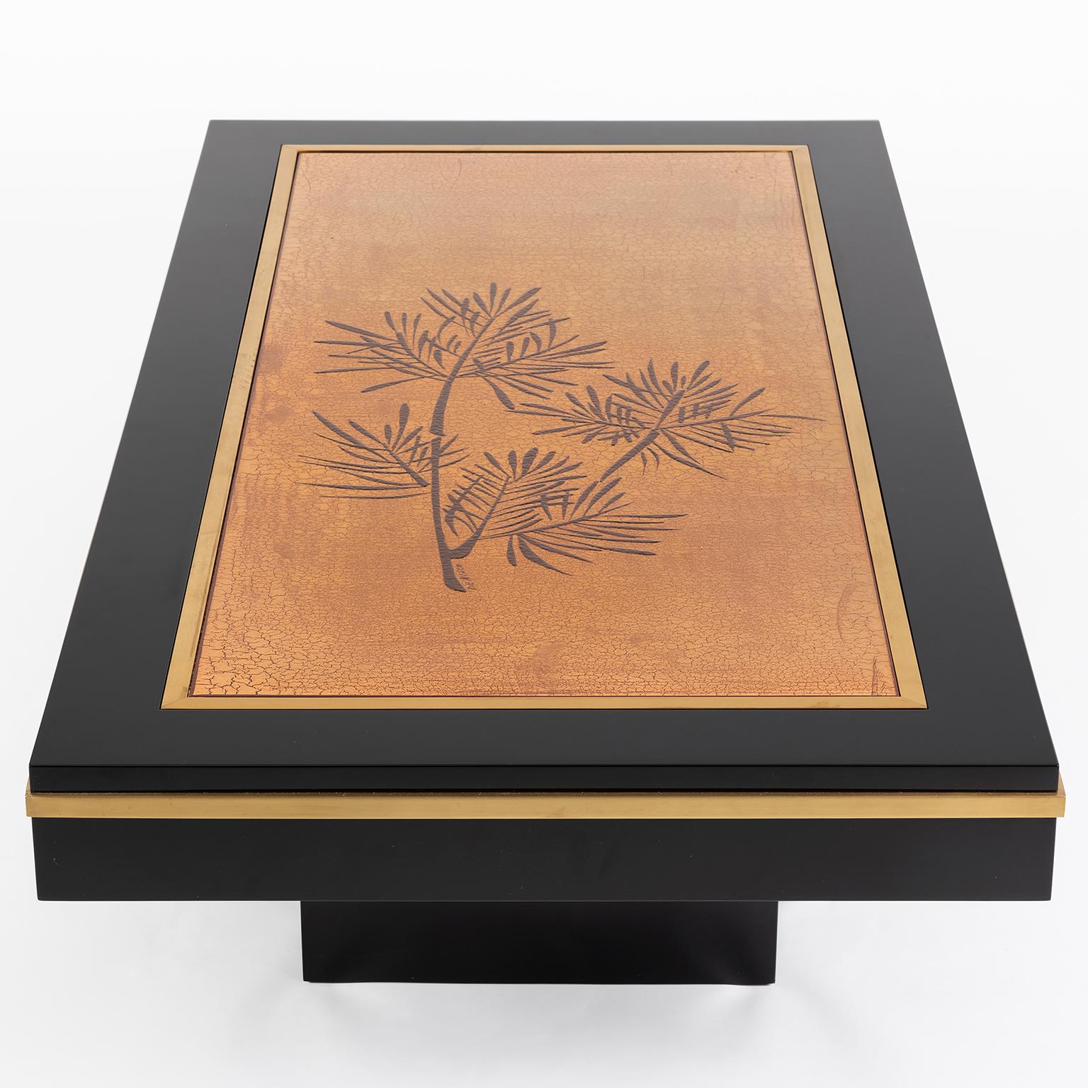 Lacquered Signed Denisco Center Table with Gold Engraved Top For Sale