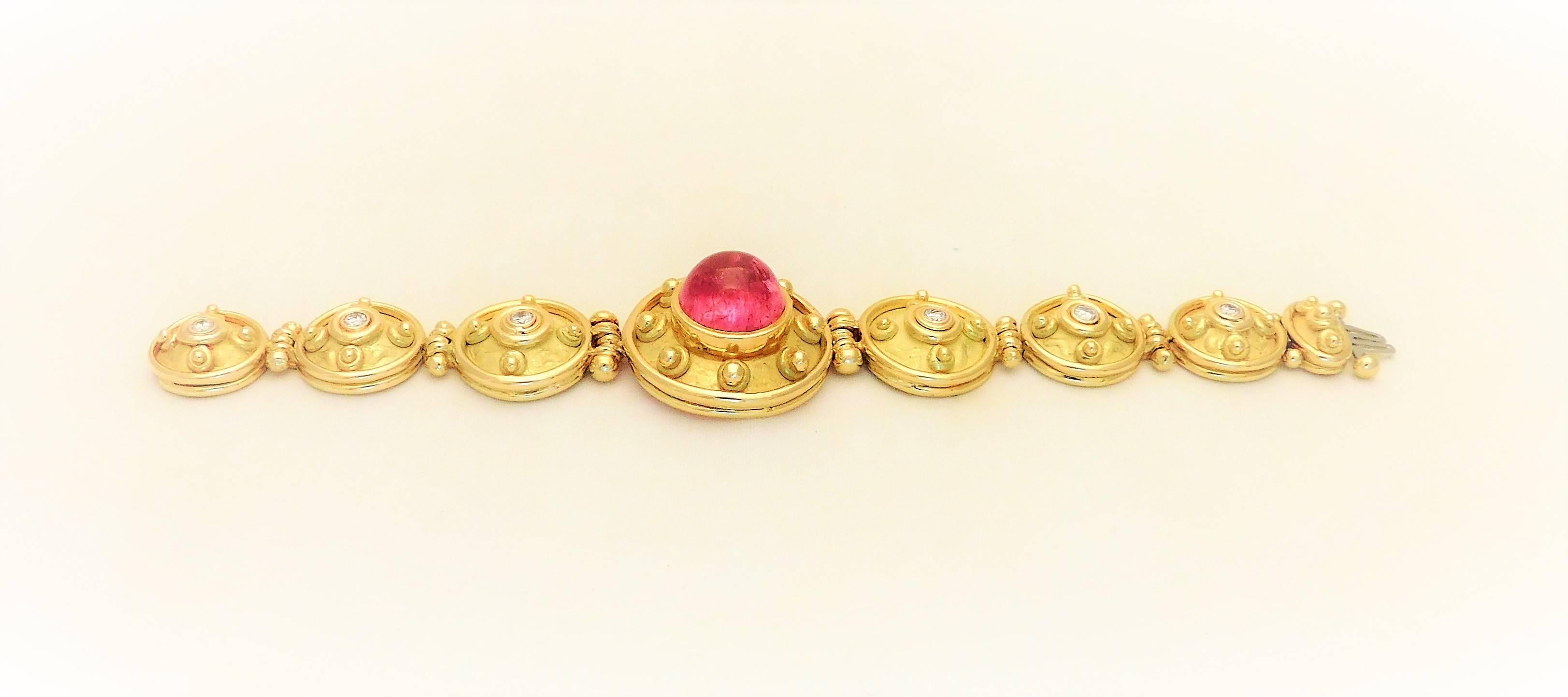 Denise Roberge is a world class jewelry and art designer based in Palm Desert California.  

From an exquisite estate.  Circa late 20th century.  This ornate bracelet has been hand crafted in solid 18k yellow gold. The heavy flexible bracelet is