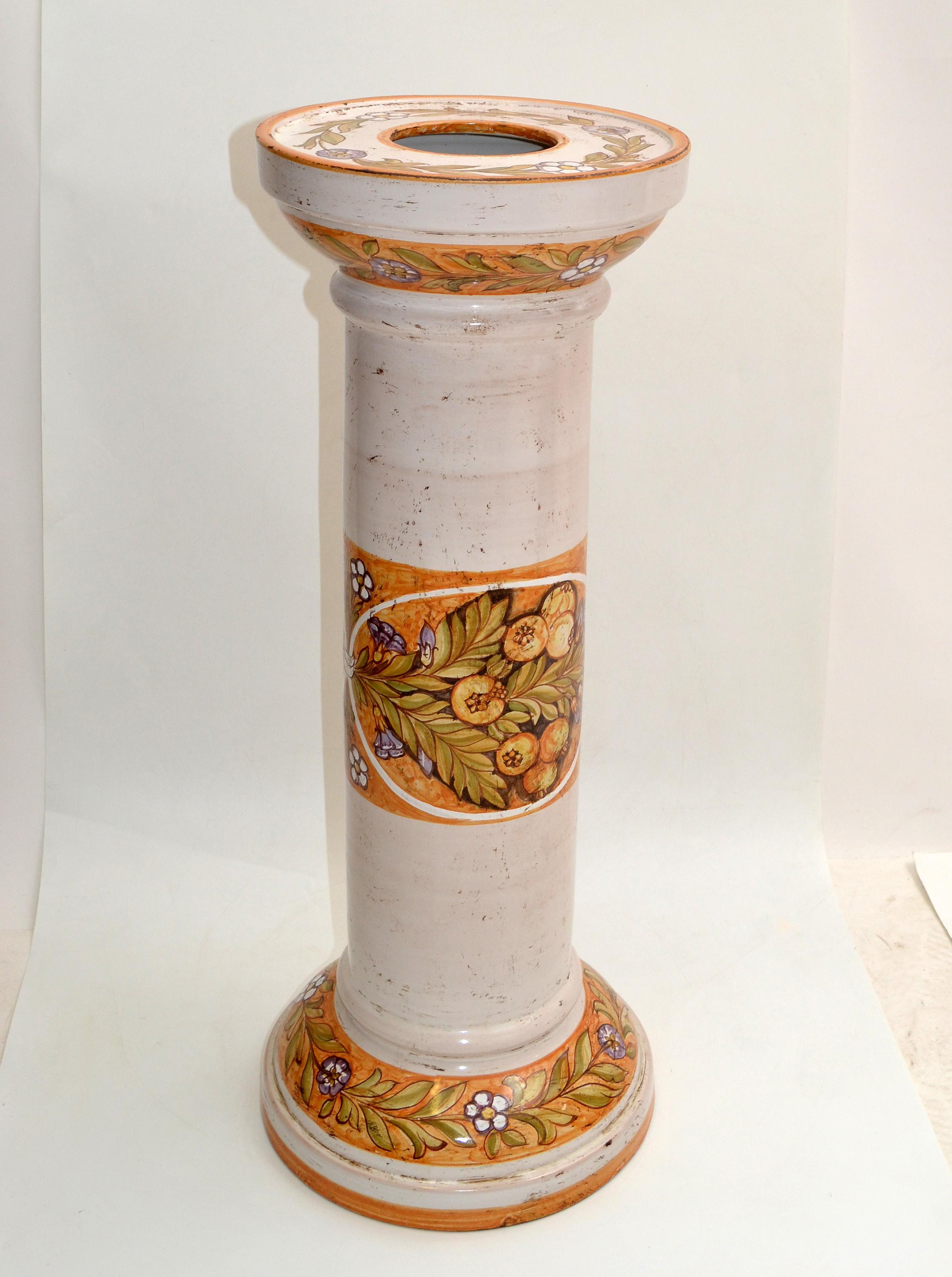 Italian Signed Deruta Pottery Hand Painted Ceramic Pedestal Sculpture Stand Column Italy For Sale