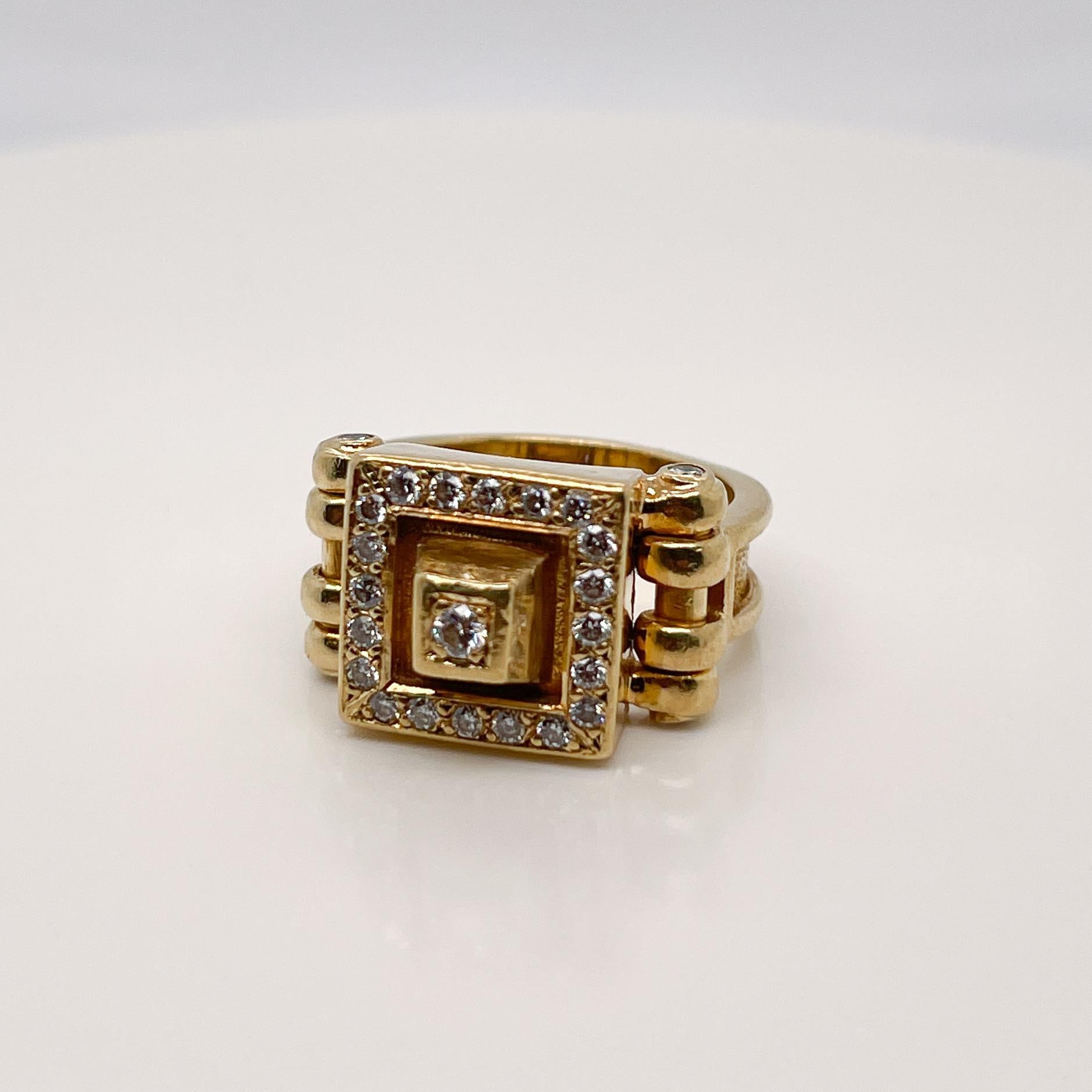 Signed Designer 18 Karat Gold & Diamond Signet Style Ring 5