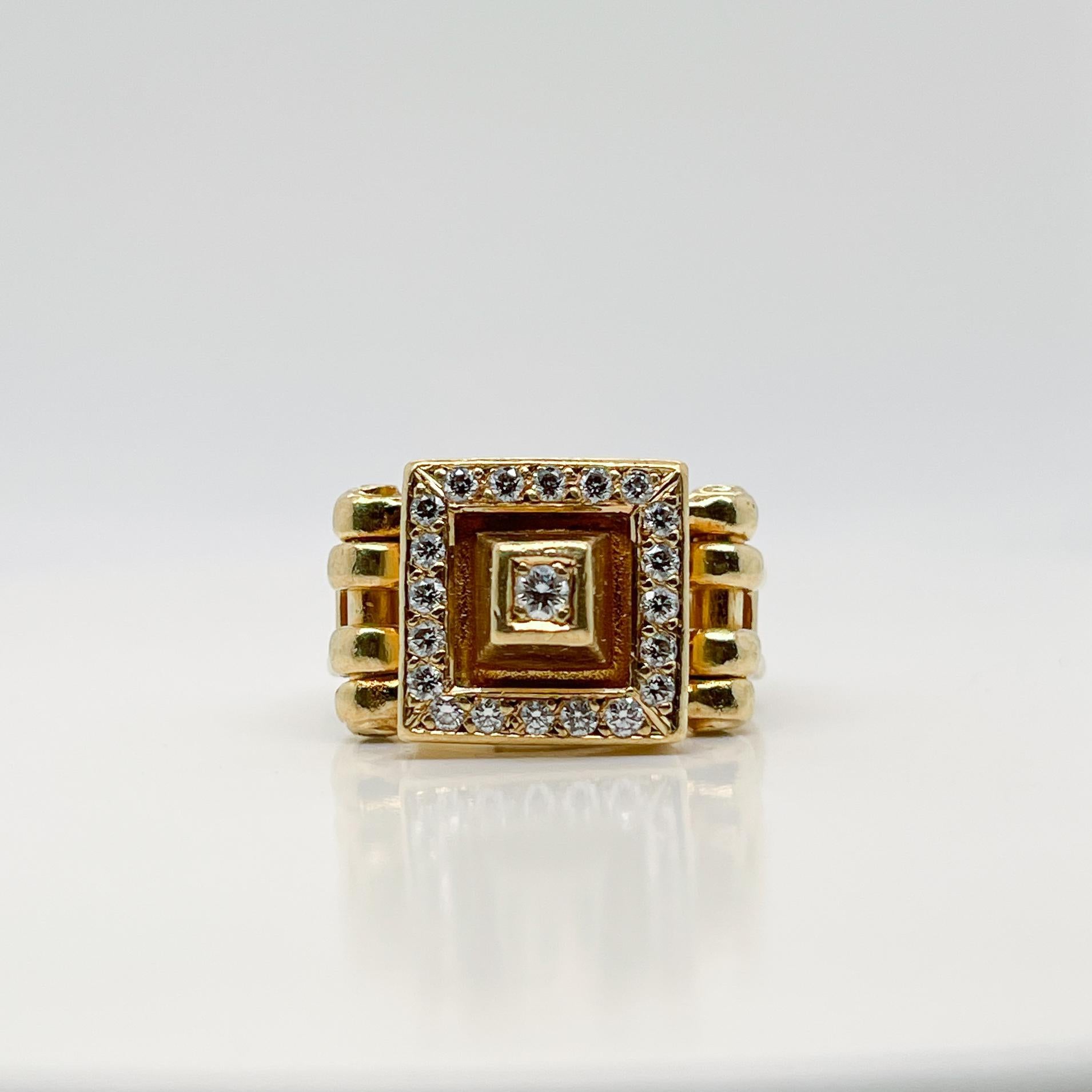Art Deco Signed Designer 18 Karat Gold & Diamond Signet Style Ring