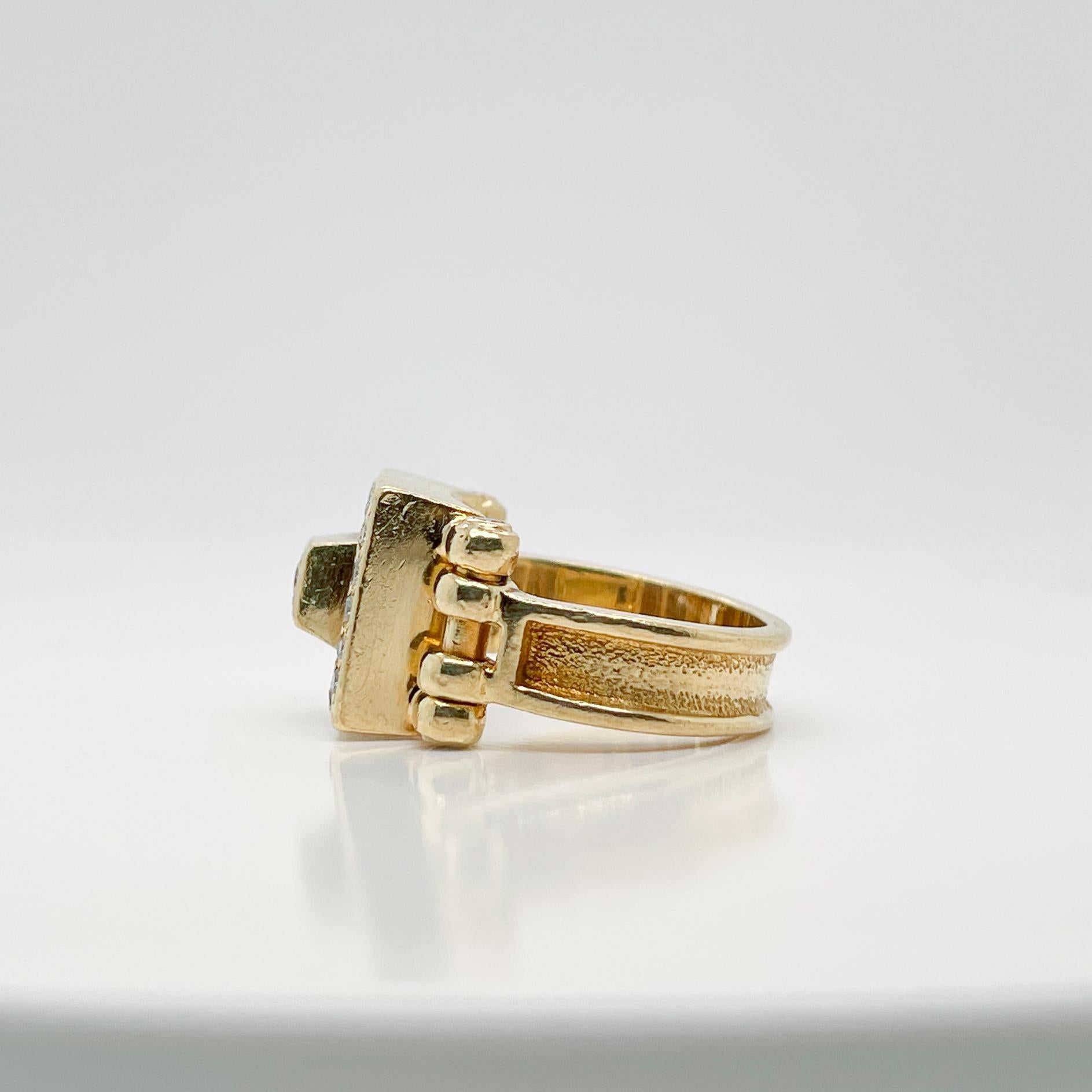 Round Cut Signed Designer 18 Karat Gold & Diamond Signet Style Ring