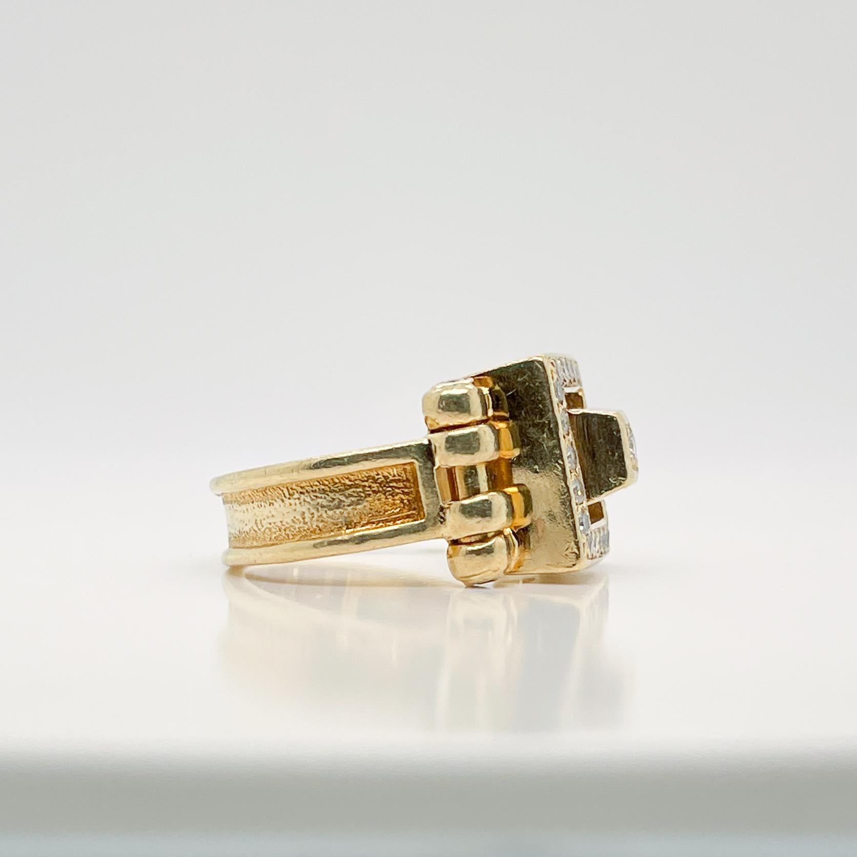 Women's or Men's Signed Designer 18 Karat Gold & Diamond Signet Style Ring