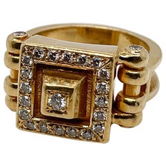 Signed Designer 18 Karat Gold & Diamond Signet Style Ring
