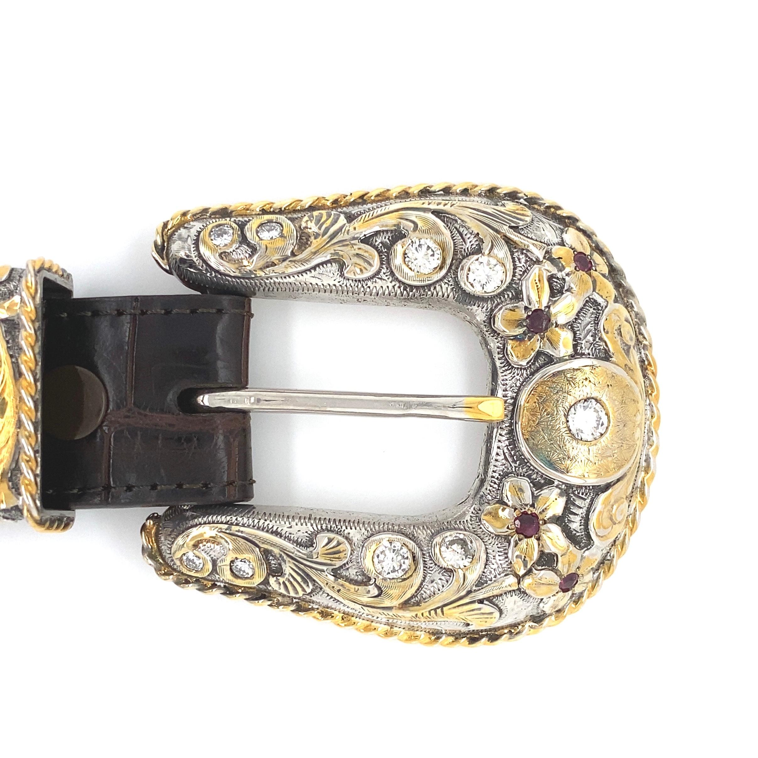 Fabulous Vintage Edward H. Bohlin Sterling Silver and 18K Yellow Gold Buckle and Alligator Belt. The Buckle is Hand set with 4.50tcw round Brilliant Diamonds and 0.70tcw rubies!  The Buckle measures approx. 2.34