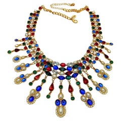 Signed Designer SCAASI Faux Multi Gem Jewels and Faux Pearls Statement Necklace