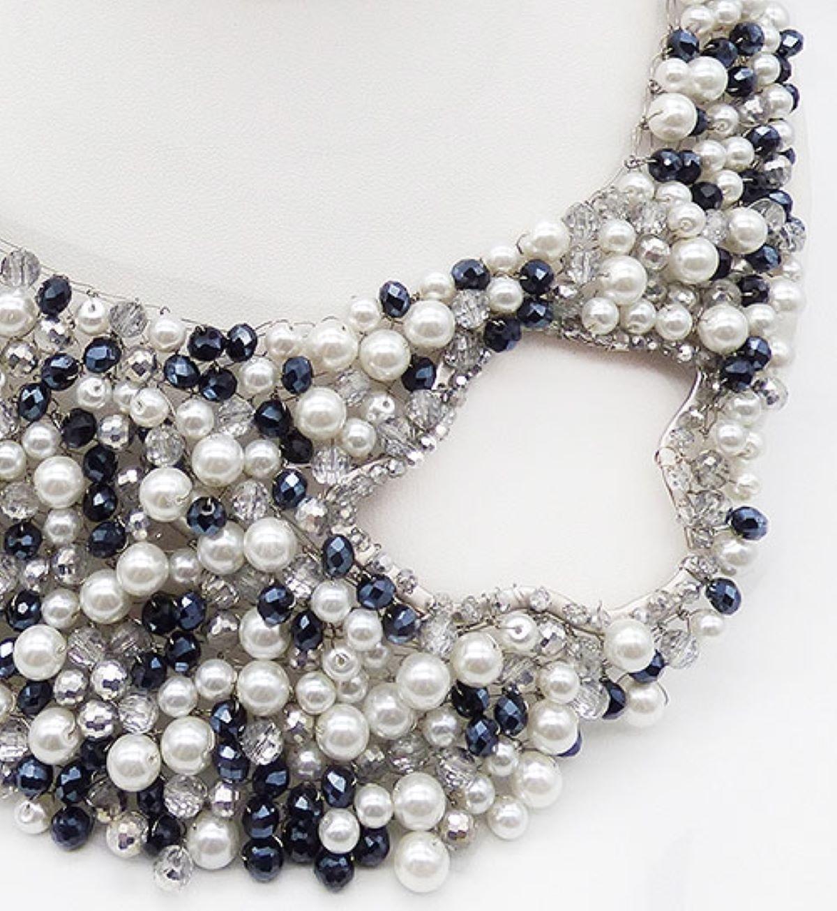 Fabulous Hand woven Pearl, Crystal and faceted Bead Statement Bib Necklace by Designer Joe Vilaiwan. A stunning design of small and large white pearls, clear faceted Crystal beads with silver coating and black faceted Crystal beads all woven in