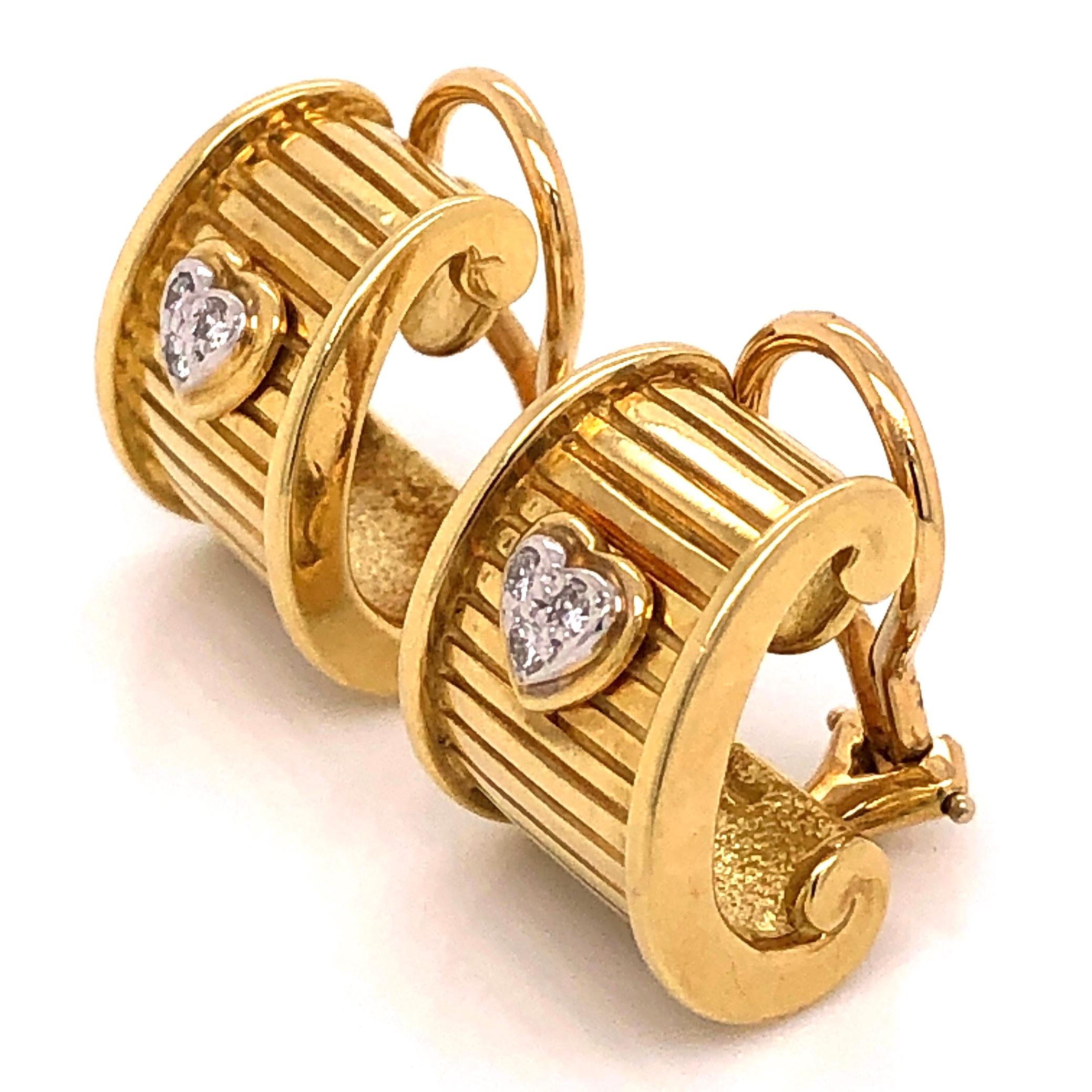 Modernist Diamond Heart Signed Designer DKW Yellow Gold French Vintage Clip-on Earrings  For Sale