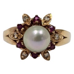 Signed DRA Vintage 14K Gold Pearl, Ruby & Diamond Floral Cocktail Ring