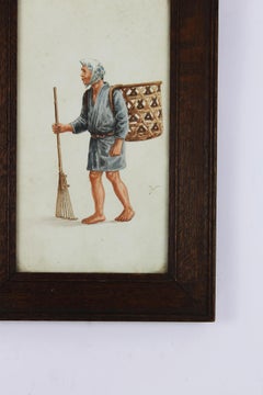 Signed drawing traditional Japanese gardener in Oak frame 1910 France