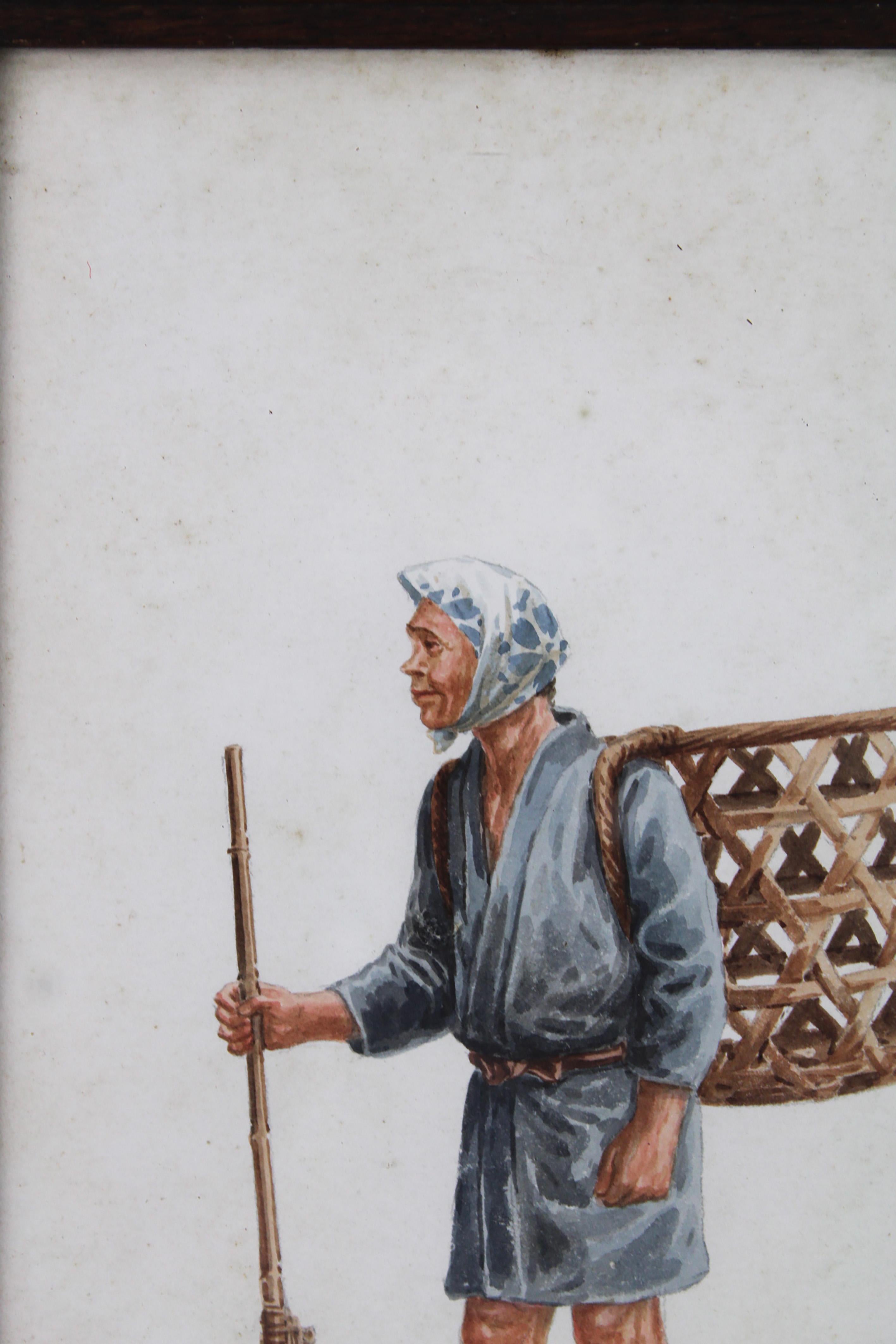 Stile provenzale Disegno firmato di giardiniere tradizionale giapponese in cornice di Oak 1910 Francia in vendita