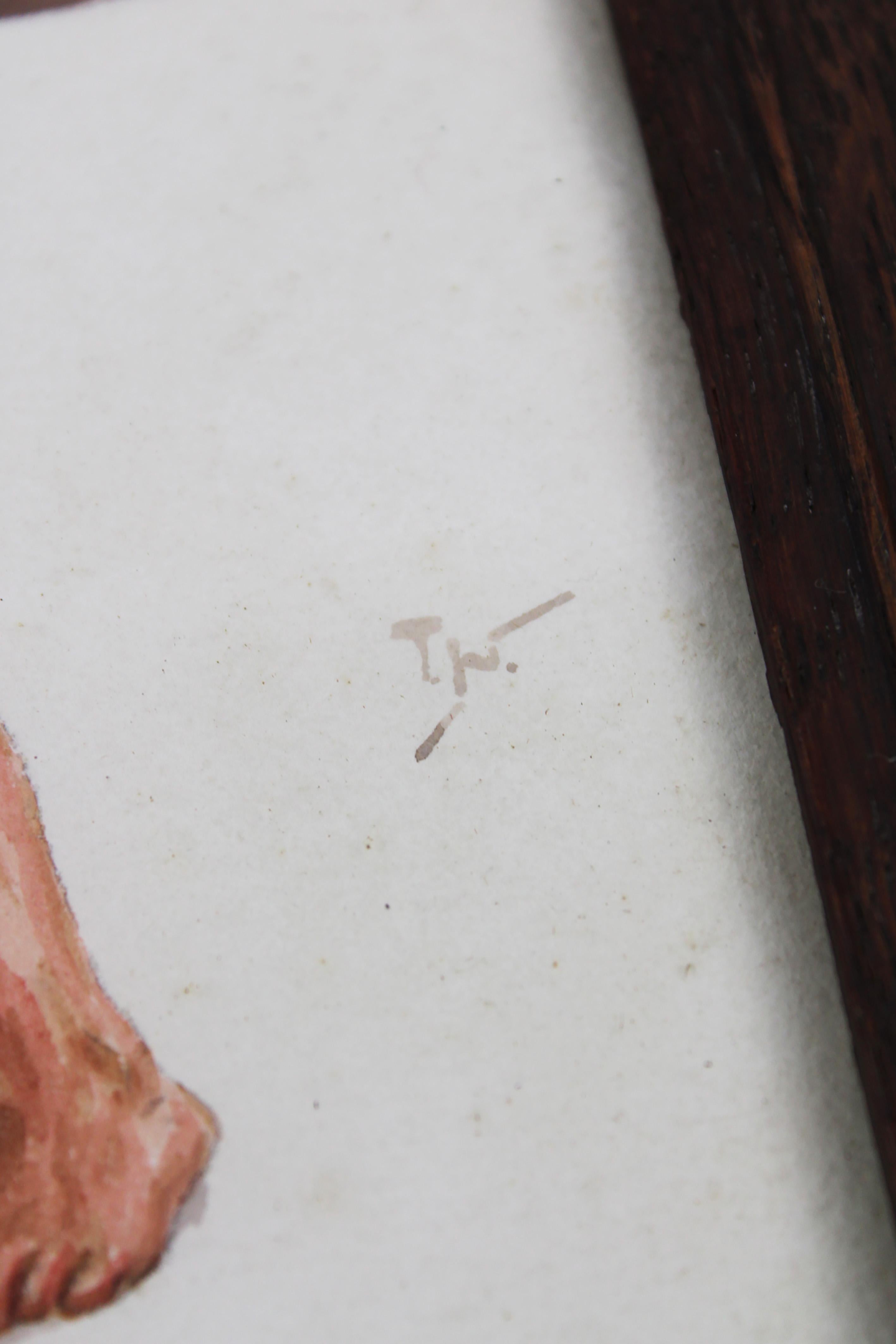 Carta Disegno firmato di giardiniere tradizionale giapponese in cornice di Oak 1910 Francia in vendita