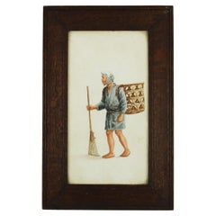 Disegno firmato di giardiniere tradizionale giapponese in cornice di Oak 1910 Francia