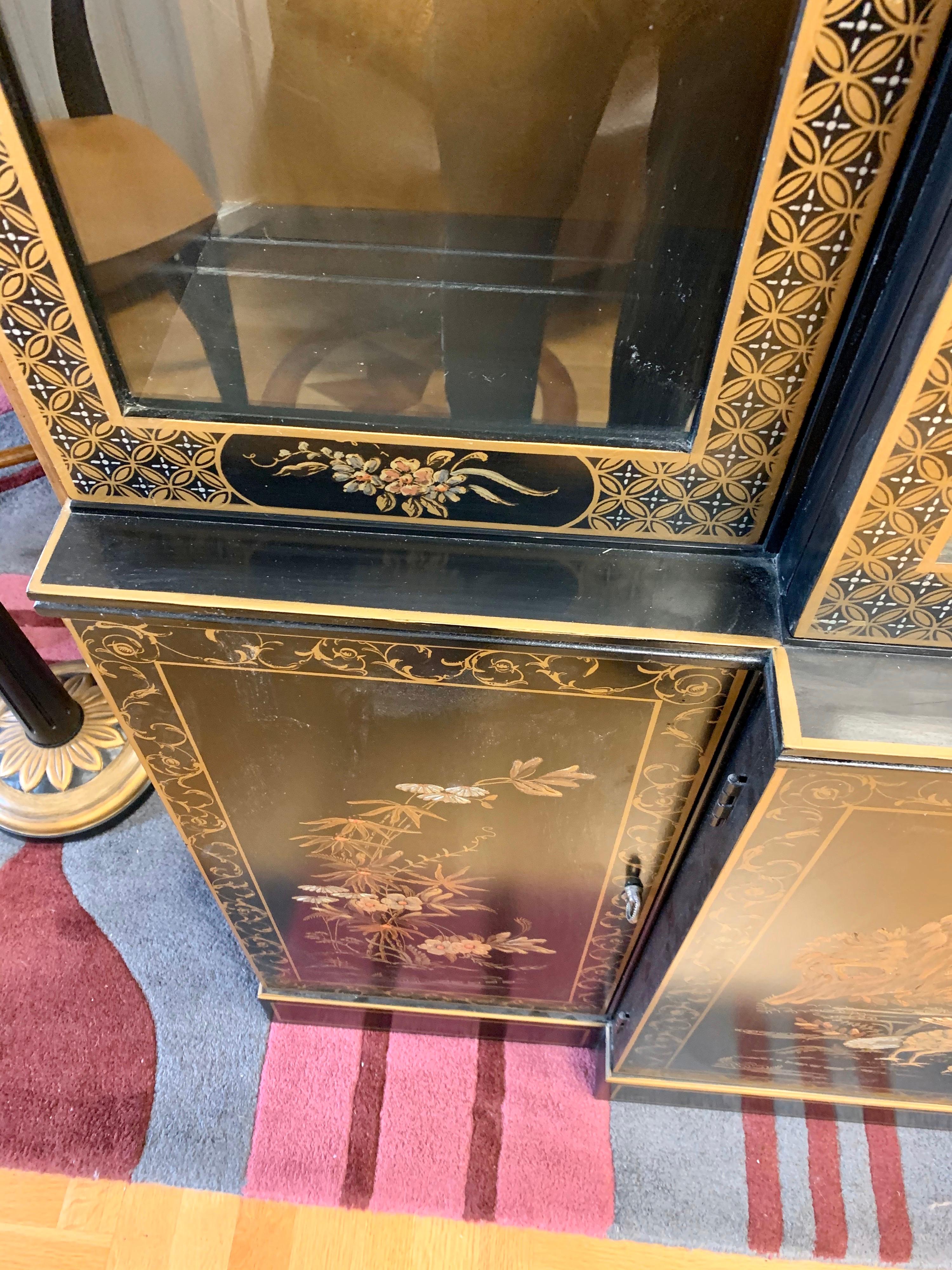 Signed Drexel Chinoiserie Breakfront China Cabinet Japanned Black Lacquer 3