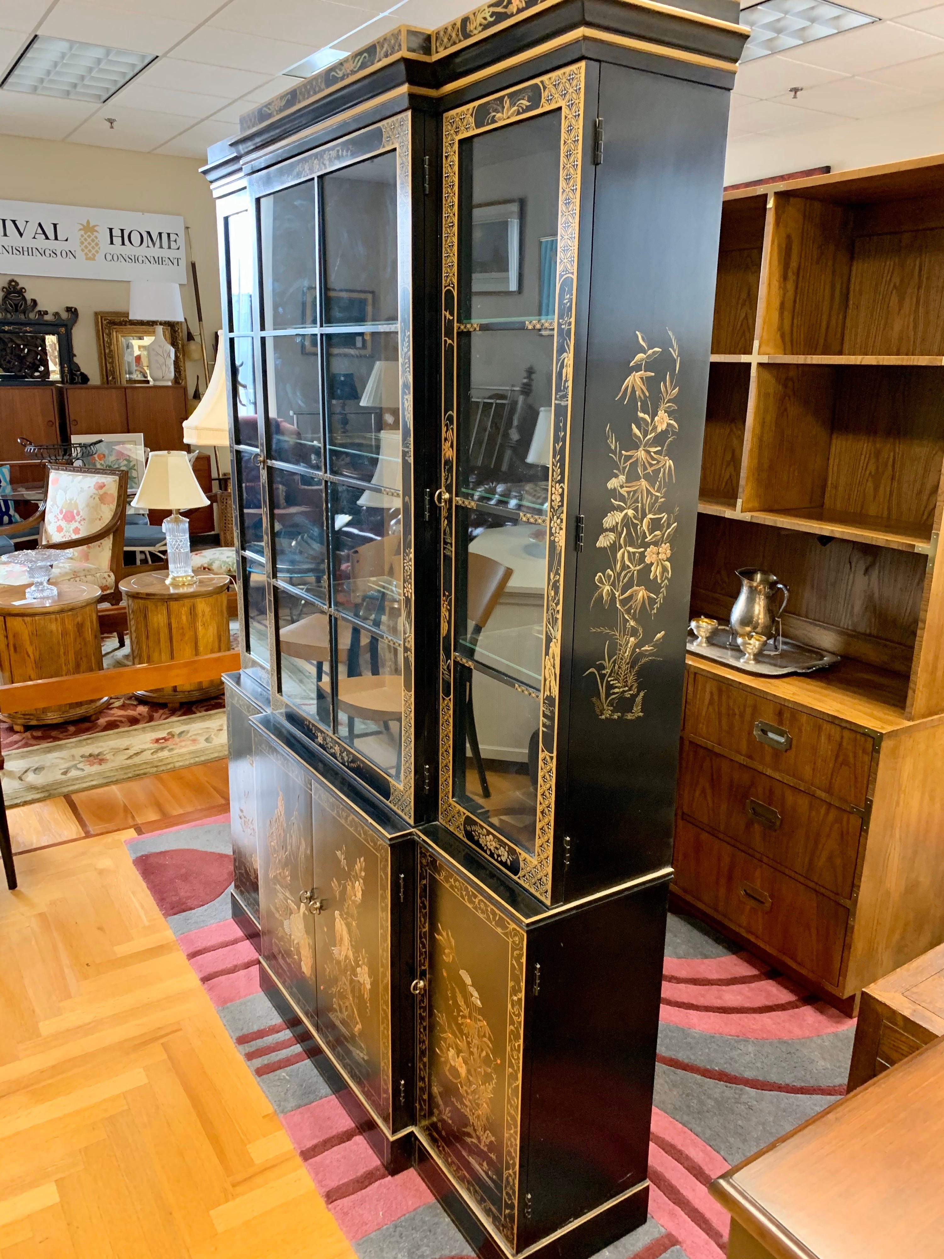 Signed Drexel Chinoiserie Breakfront China Cabinet Japanned Black Lacquer 6