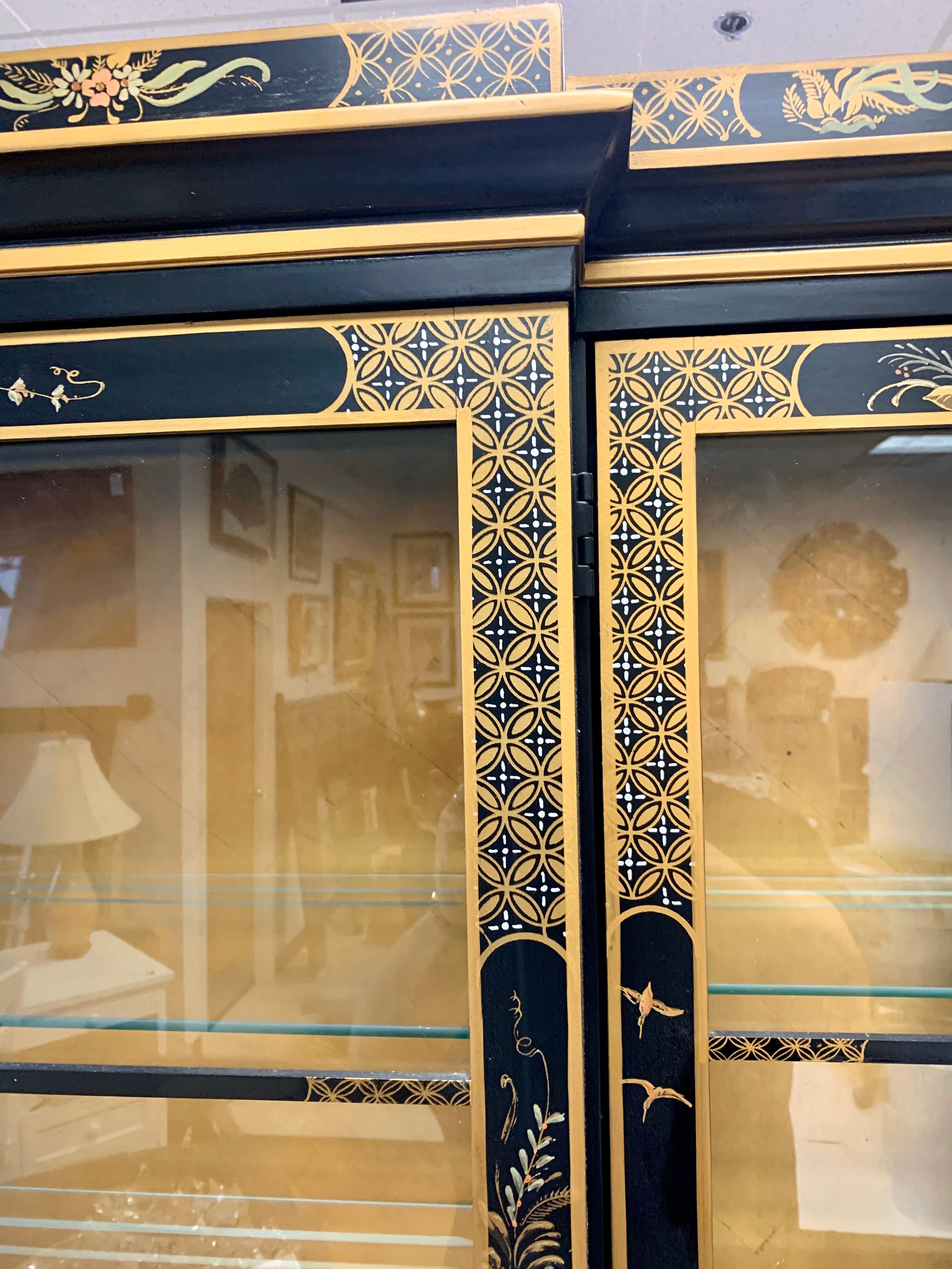 Mid-20th Century Signed Drexel Chinoiserie Breakfront China Cabinet Japanned Black Lacquer