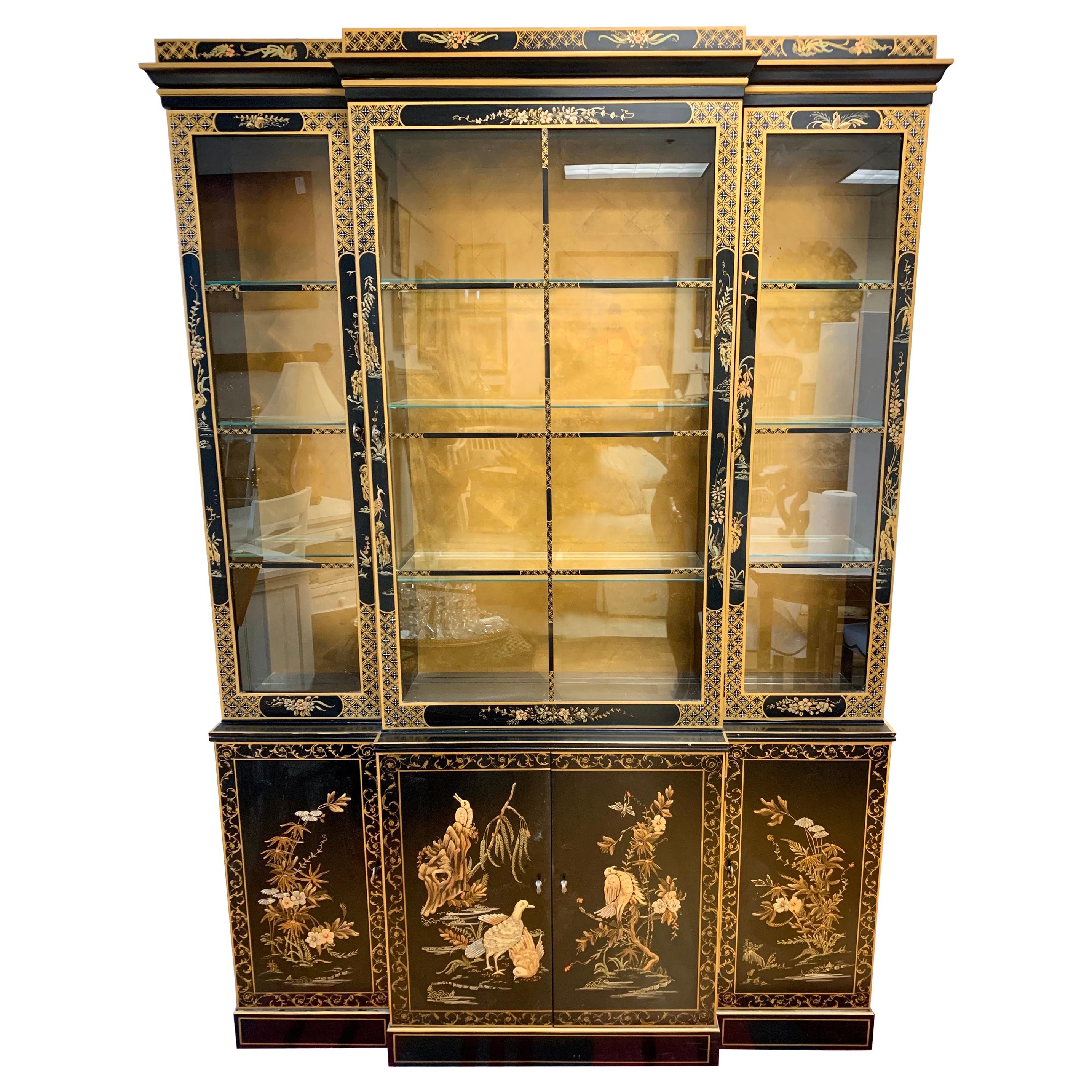 Signed Drexel Chinoiserie Breakfront China Cabinet Japanned Black Lacquer
