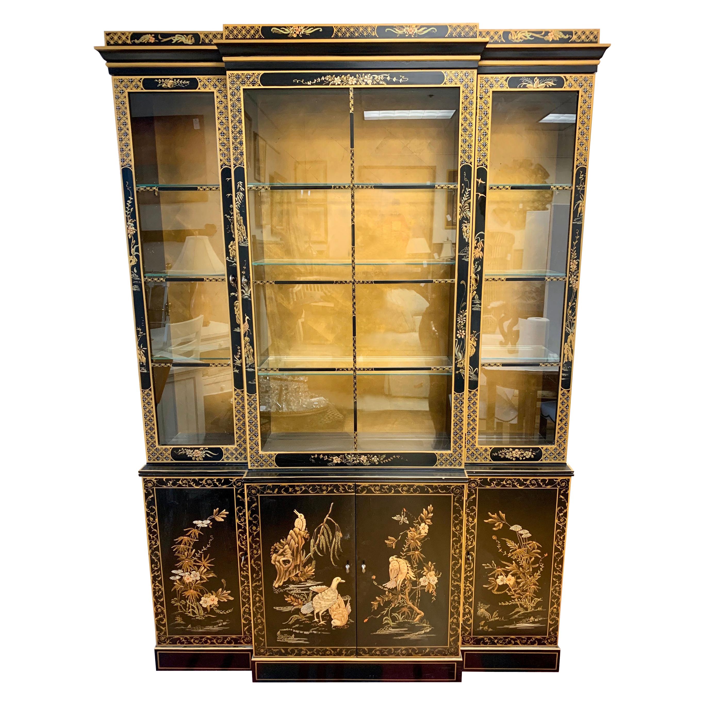 Signed Drexel Chinoiserie Breakfront China Cabinet Japanned Black Lacquer