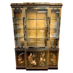 Retro Signed Drexel Chinoiserie Breakfront China Cabinet Japanned Black Lacquer