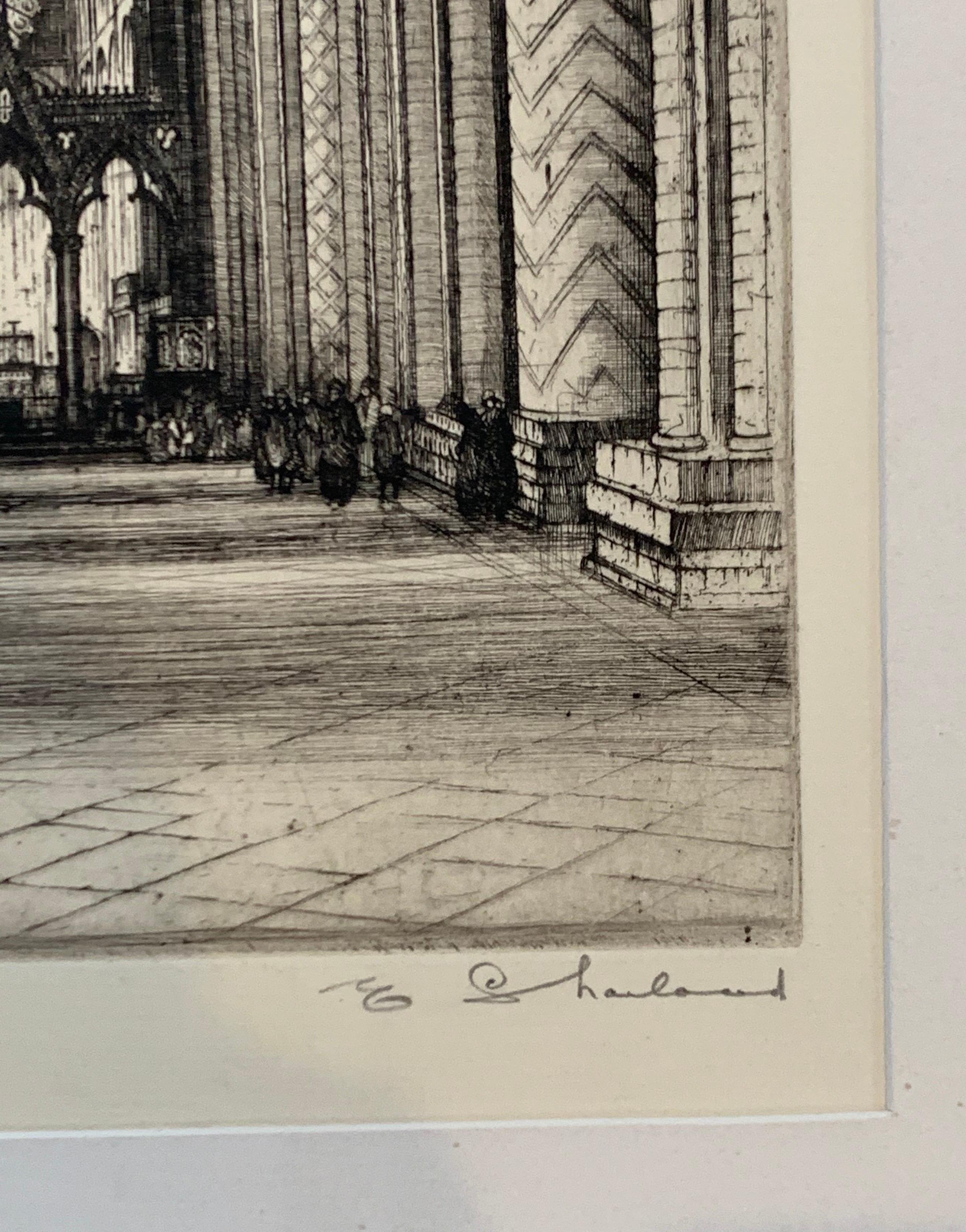 Dessin ancien de la cathédrale de Durham, gravure à la pointe sèche signée, 19ème siècle, Angleterre Bon état - En vente à West Hartford, CT