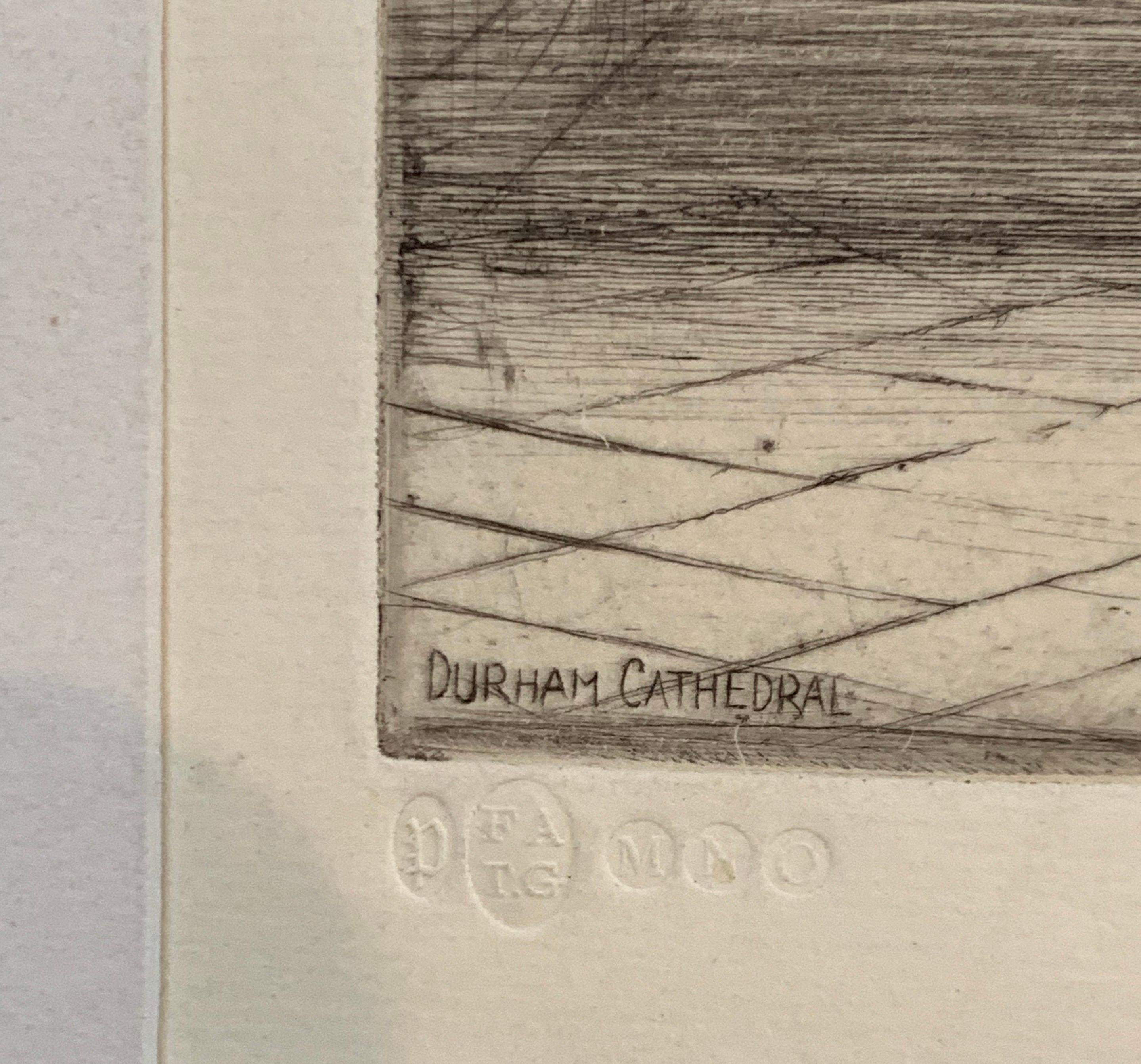 XIXe siècle Dessin ancien de la cathédrale de Durham, gravure à la pointe sèche signée, 19ème siècle, Angleterre en vente