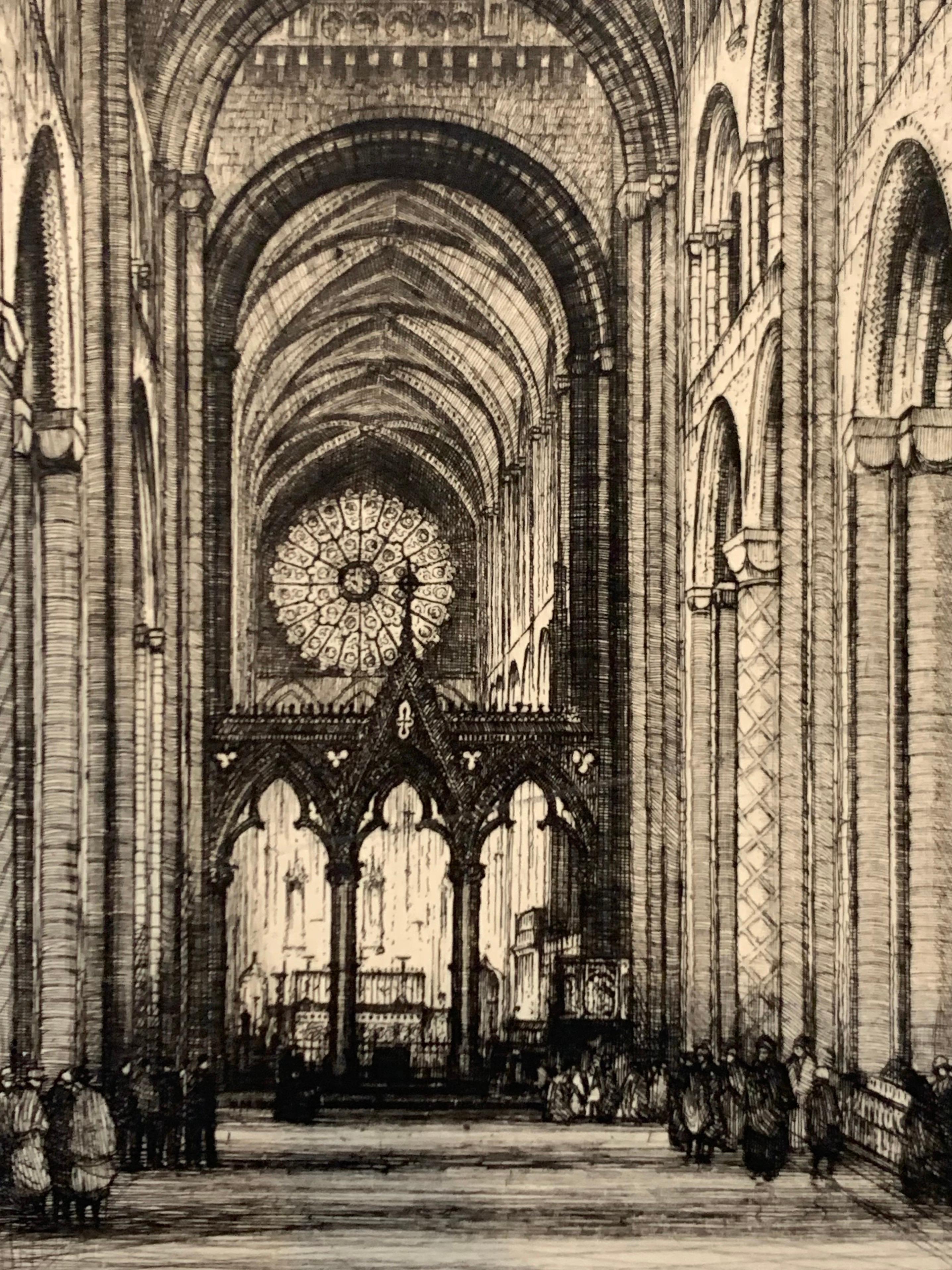 Papier Dessin ancien de la cathédrale de Durham, gravure à la pointe sèche signée, 19ème siècle, Angleterre en vente