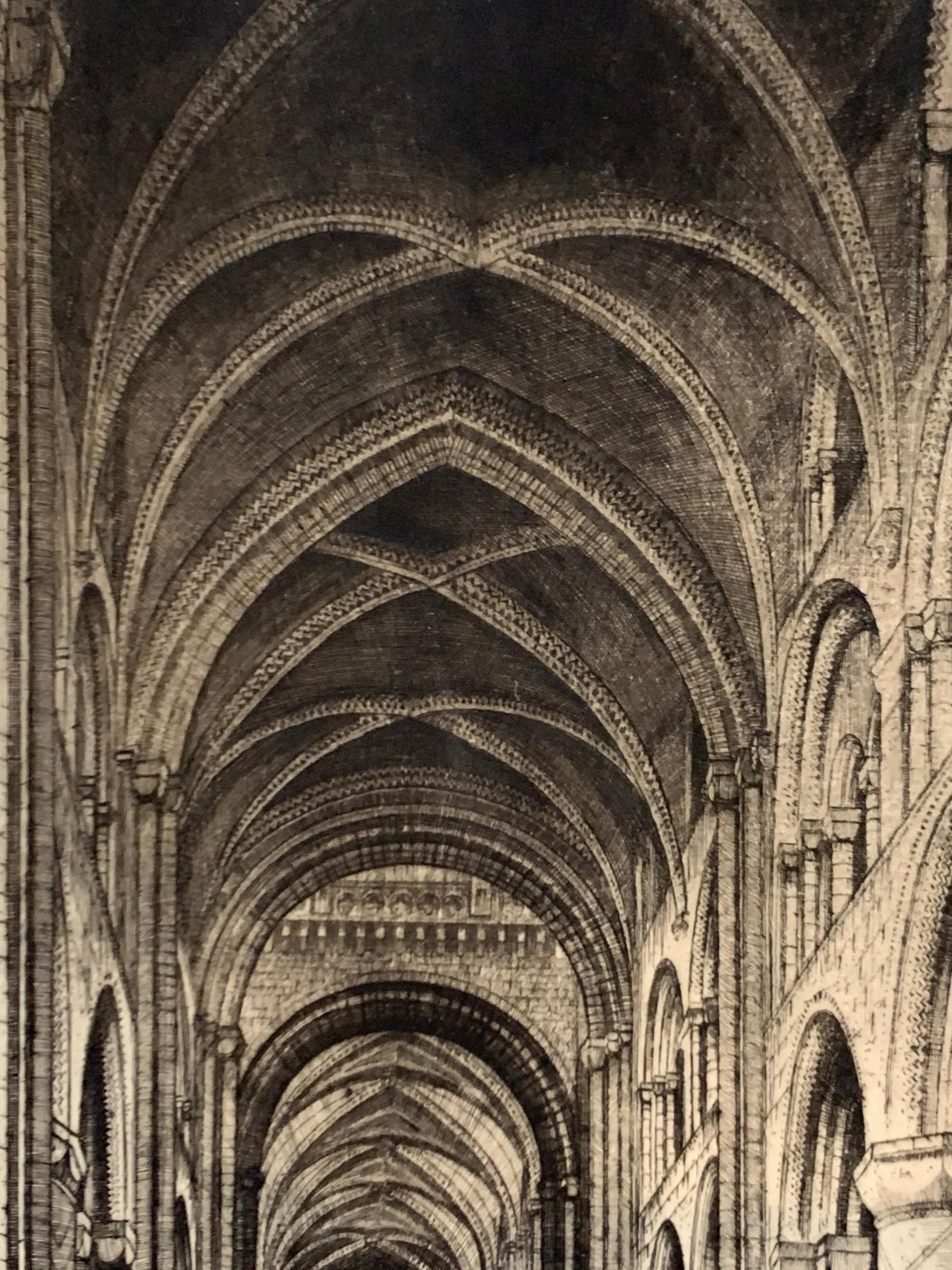 Dessin ancien de la cathédrale de Durham, gravure à la pointe sèche signée, 19ème siècle, Angleterre en vente 1