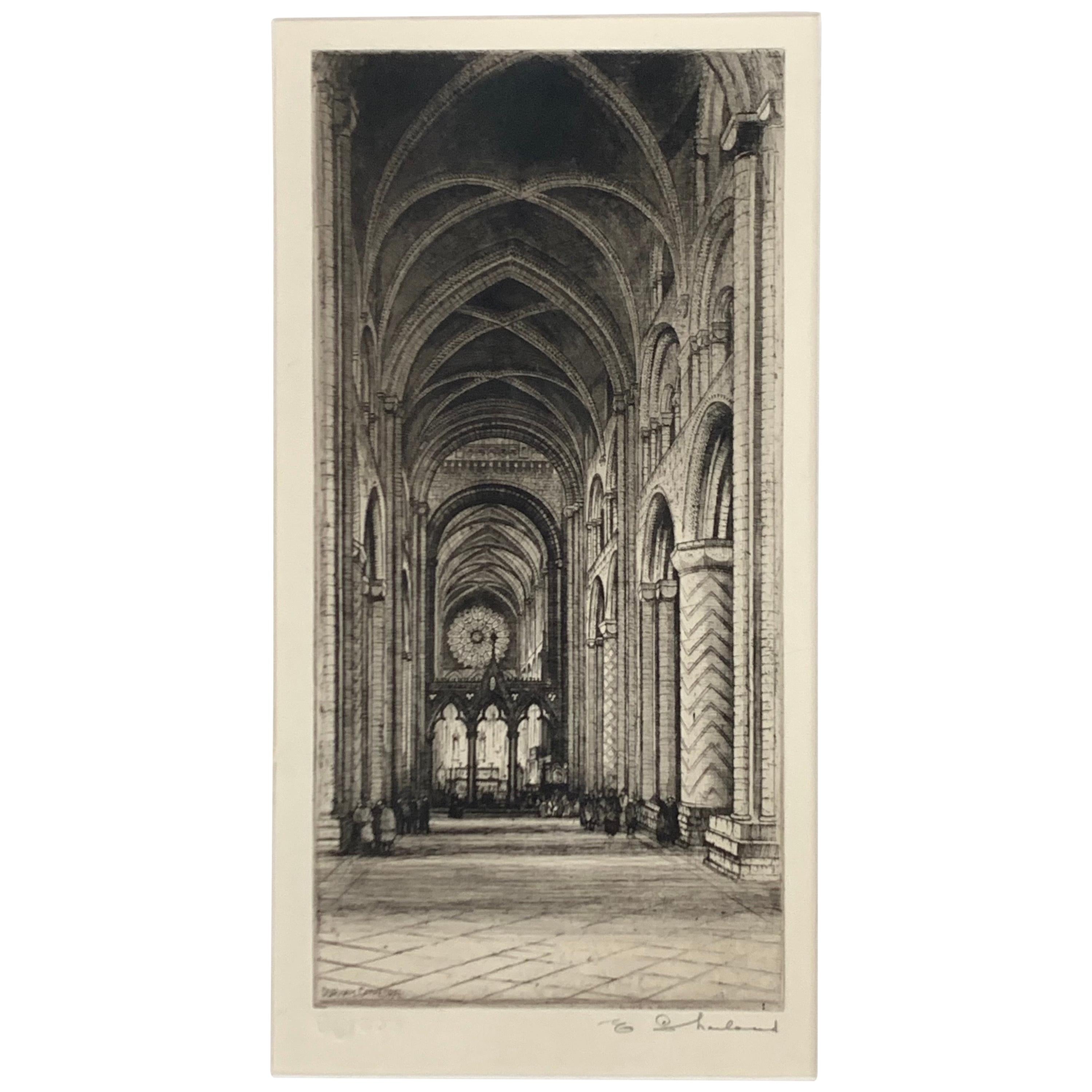 Signed Durham Cathedral Antique Drypoint Etching Drawing, 19th Century, England
