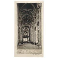 Signed Durham Cathedral Antique Drypoint Etching Drawing, 19th Century, England