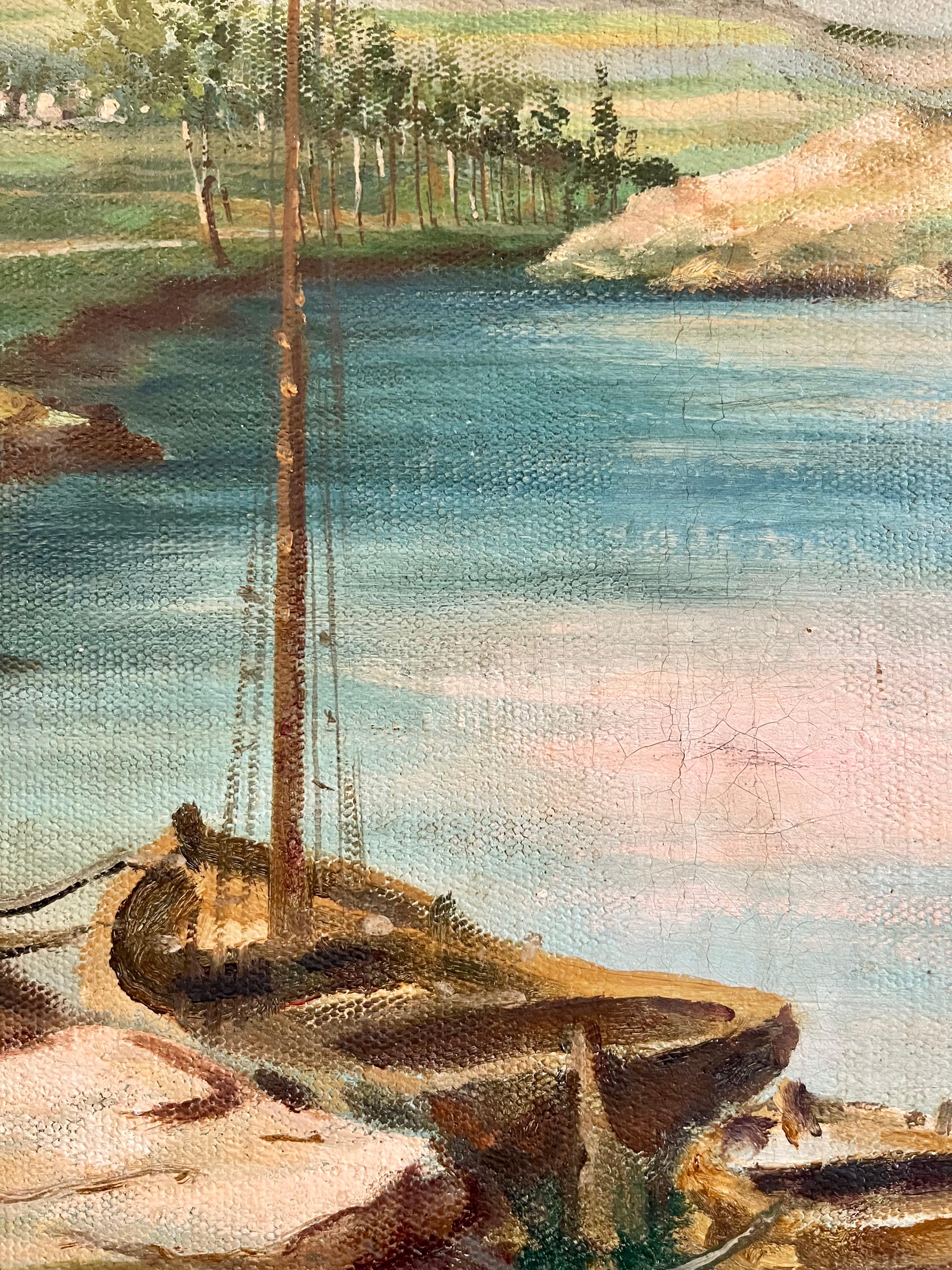 Signed Dutch 1952 Mid Century Nautical Oil on Canvas Sailboat in the Sound In Good Condition For Sale In Mckinney, TX